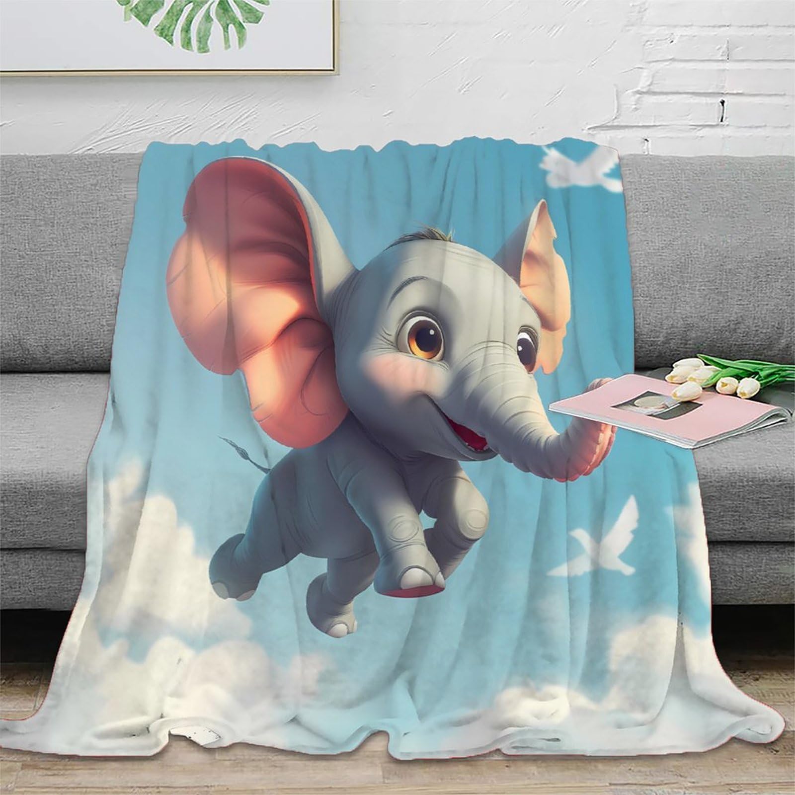 3D gedruckt Cute Baby Elephant Bettdecke Mikrofaser Bettwäsche warm kuschelig Cartoon Flying Thermodecke atmungsaktiv als Geschenk zu Weihnachten für Familie 70×80inch(180x200cm)