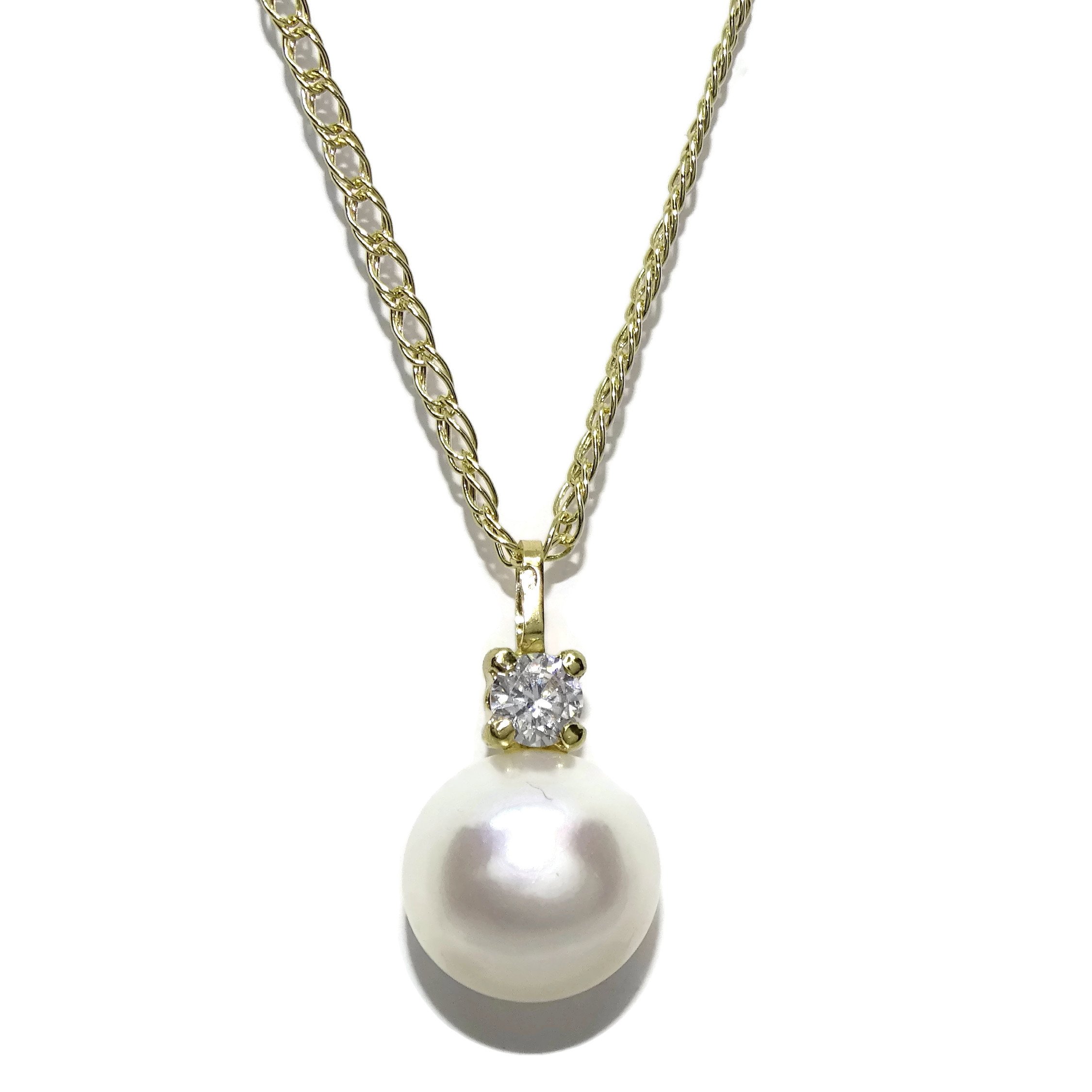 Never Say NeverColgante de oro amarillo de 18k con perla cultivada botón de 10 mm y circonita con cadena de oro amarillo de 18k de doble hilo y 45cm