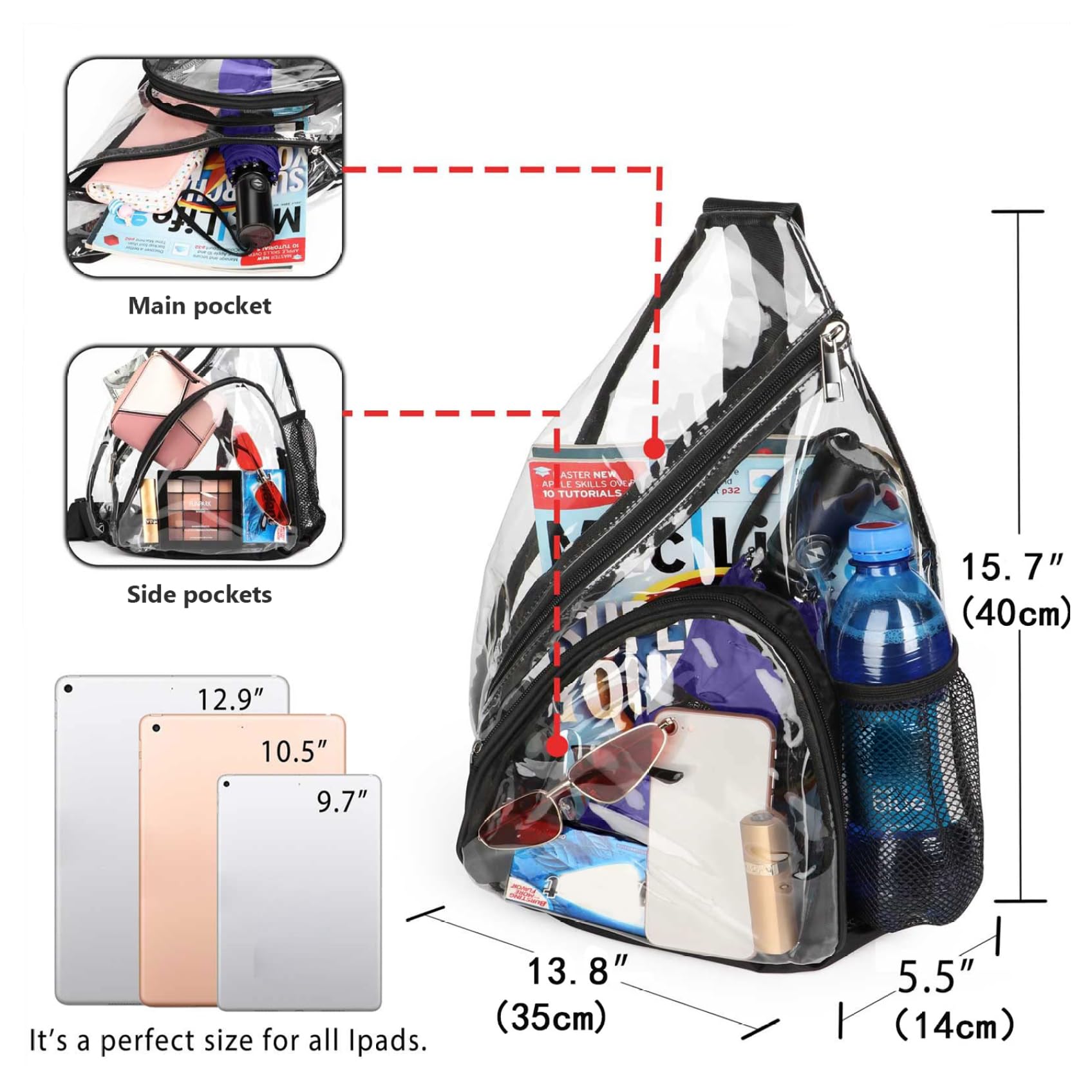 Sac à écharpe Transparent Stadium Approuvé Hommes Femmes PVC Sac à Poitrine Clear épaule Sac à Dos avec Poche de Bouteille d'eau et Sangle réglable pour Les Sacs d'épaule du Stade de Concert