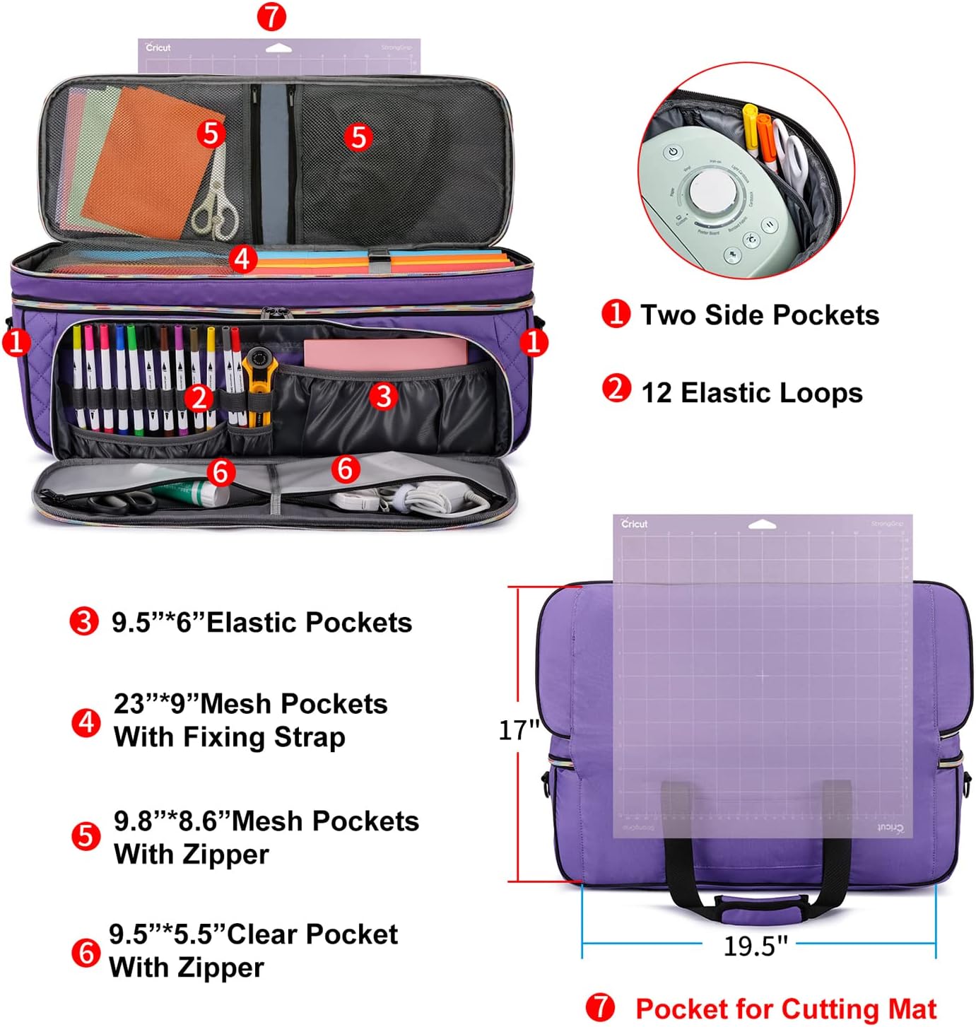 Carrying Case for Cricut Maker 3/Maker/Explore 3/Explore Air 2/Silhouette Cameo 4 (Bag Only) with Dust Cover, Cutting Mat Pocket Tote Bag for Cricut Accessories Bundle Tools and Die Cut Machine Purple