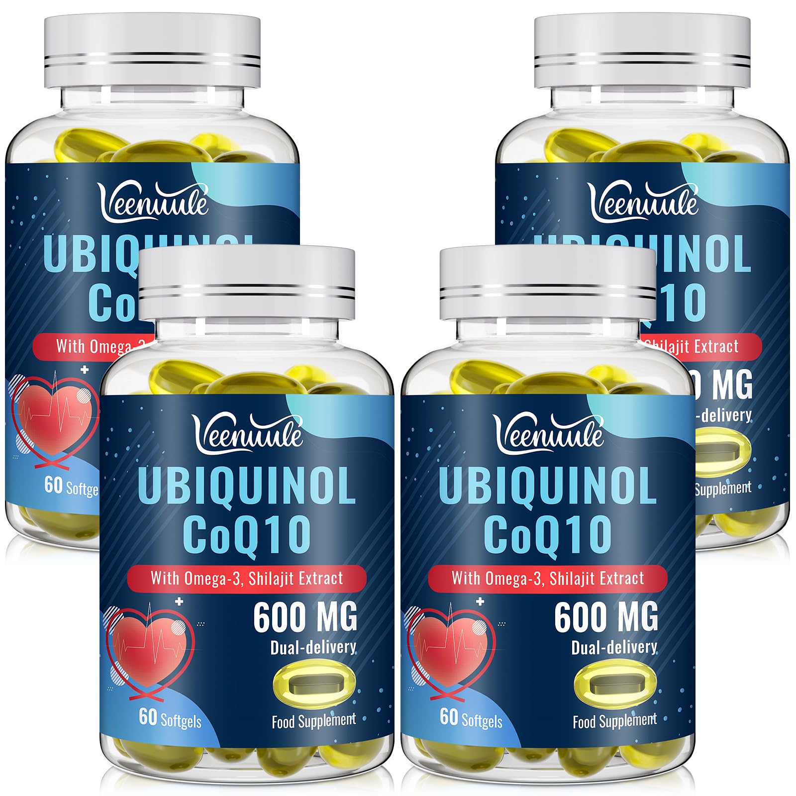 Ubiquinol CoQ10 600mg Softgels with Shilajit Extract 300mg, Omega-3 150mg - Dual-delivery System - Enhanced Absorption for Maximum Active CoQ10 Utilization (60 Count, Pack of 4)