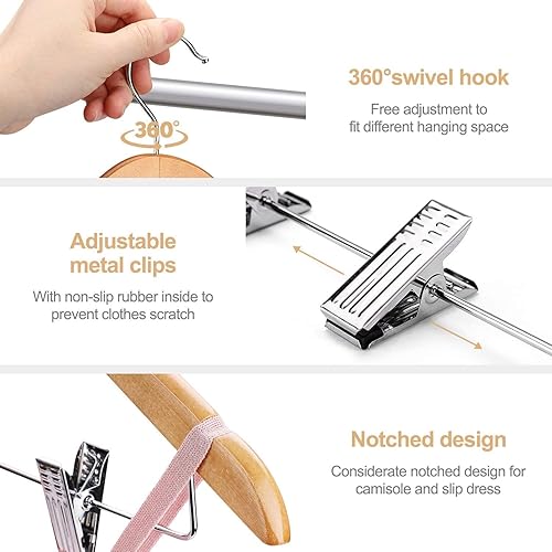 Miniatura 2 de HOUSE DAY Perchas de madera con clips, paquete de 36 perchas de madera para trajes, perchas de madera maciza para pantalones, perchas de madera con