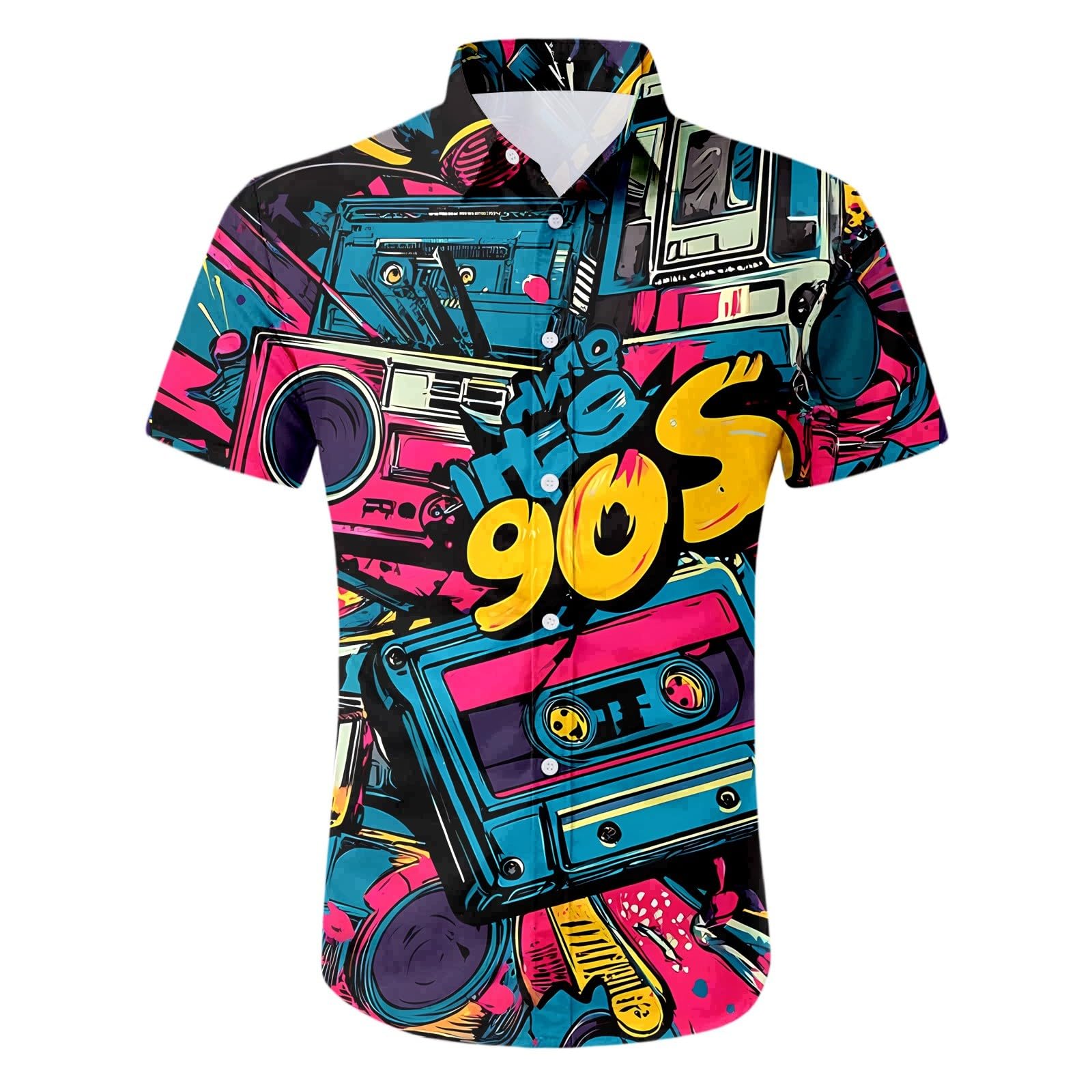 Hawaiihemd Herren Vintage 80er 90er Jahre Hemd LäSsiges Kurzarm Bunt Retro Hemden Männer Disco Party Outfit Neon Geometrisch Bad Taste Bluse Oberteile Regular Fit Faschingskostüm