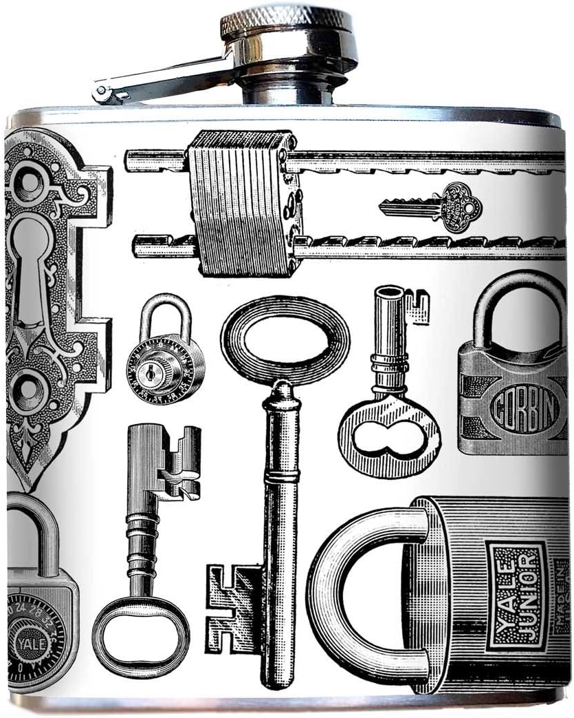 Vintage Antique Locks and Keys Designer Art Hip Flask