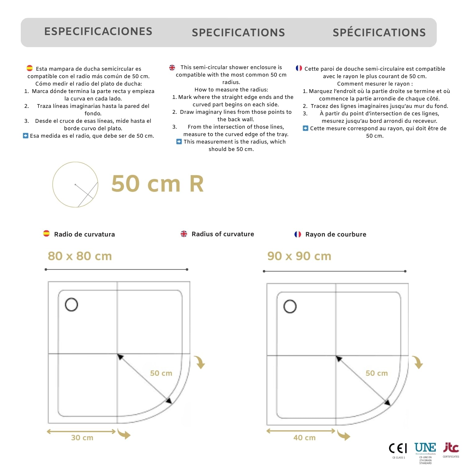 SOULHOME Mampara de ducha semicircular 90x90 cm Altura 200 cm CROMO | Mampara Semicircular (corredera + fijo) + (corredera + fijo), RADIO ROCA, Vidrio de seguridad 6mm tratamiento antical