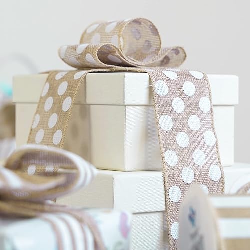 Miniatura 5 de MEEDEE Cinta de arpillera con lunares blancos de 2.5 pulgadas - Cinta de lino natural con alambre de borde para manualidades para baby shower,