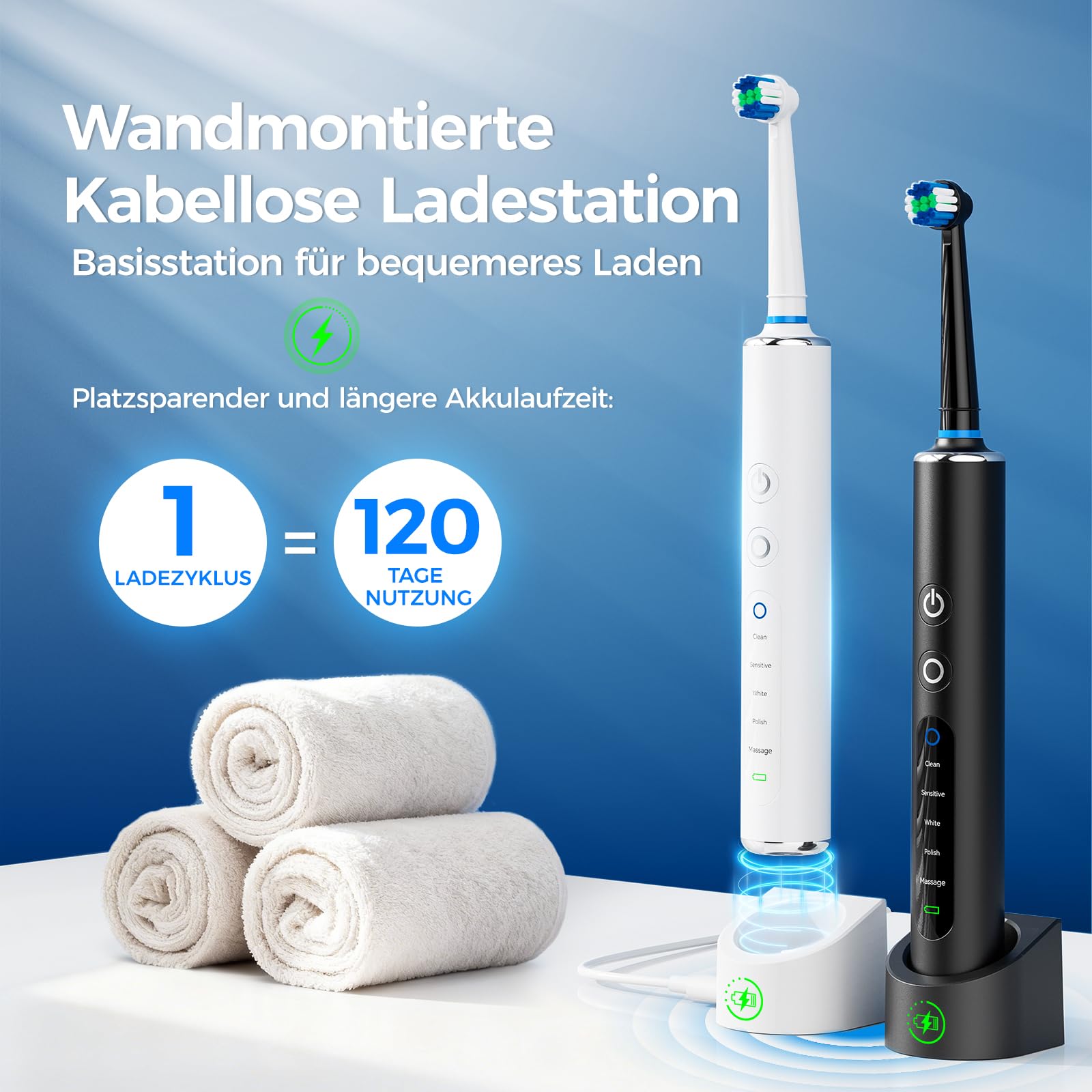 Elektrische Zahnbürste 2er Set Schwarz + Weiß, drehbar, für Erwachsene und Kinder, 3 Intensitäten, 5 Modi, elektrische Zahnbürste mit 12 Bürstenköpfen, 2 Reiseetuis, IPX7 wasserdicht, Akku 120 Tage