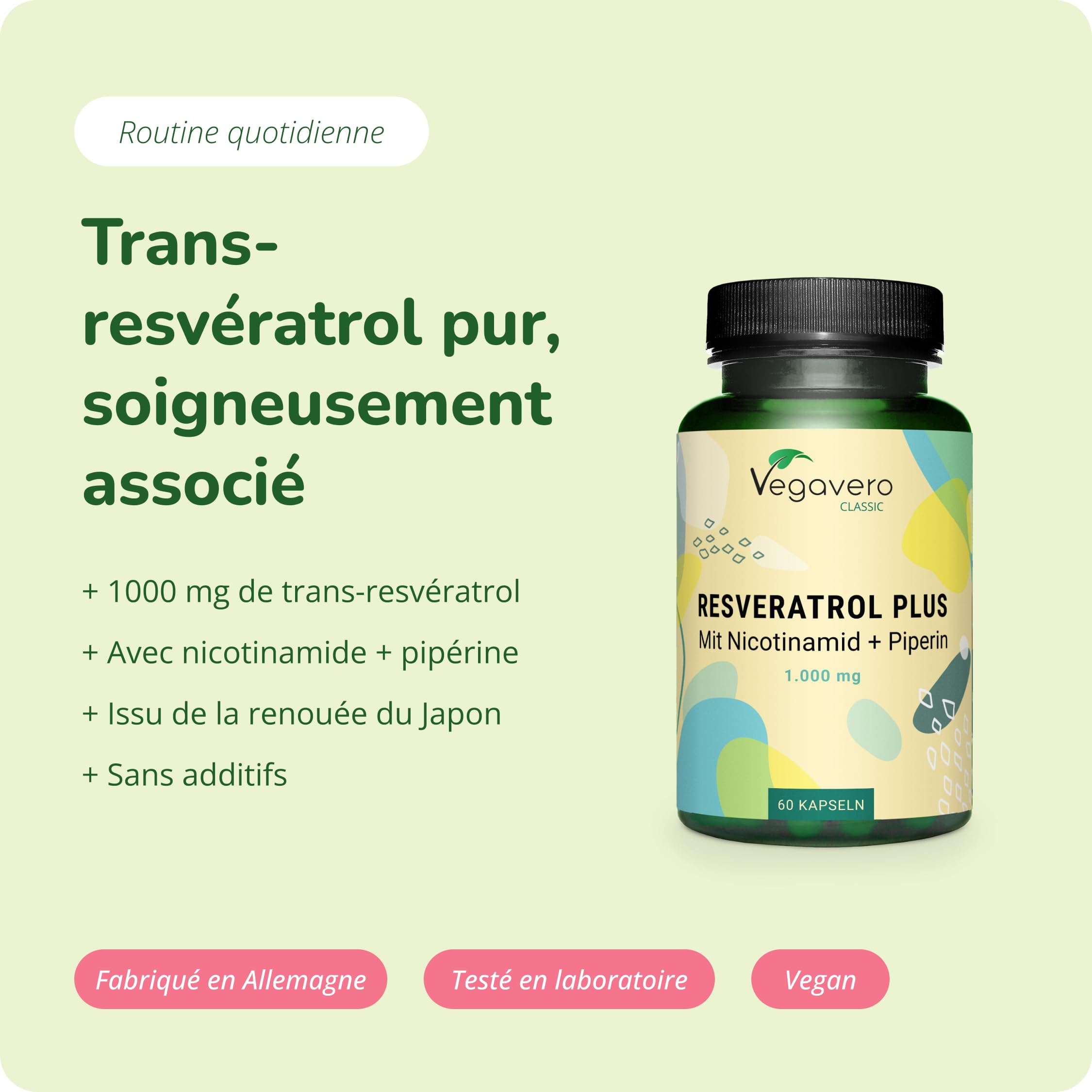 Trans Resveratrol 1000mg | UNIQUE : Le Seul Avec Nicotinamide & Pipérine | Anti Age + Antioxydant Puissant | Vegan & Sans Additifs | Vegavero®