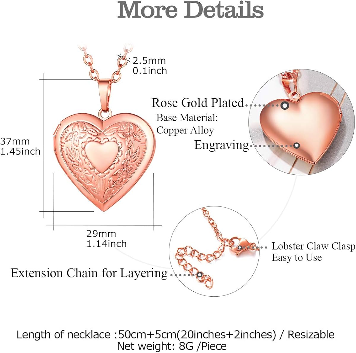 FOCALOOK Locket Necklace That Holds Pictures Floral Pattern Rose Gold Plated Heart Locket Necklace for Women Teengirls - Image 4