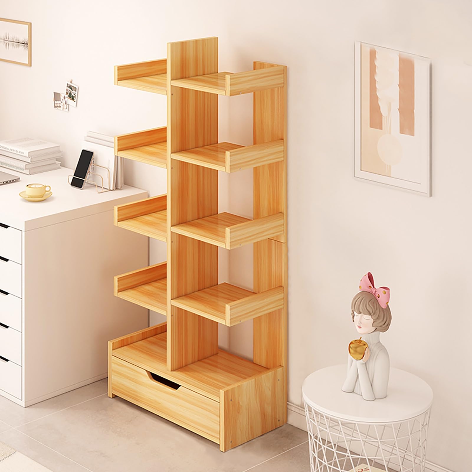 Libreria Verticale Moderna A Torre, Scaffale Autoportante, Mobile Di Stoccaggio Angolare Scaffale Da Espositore, Per La Decorazione Di Casa E Ufficio(Beige)