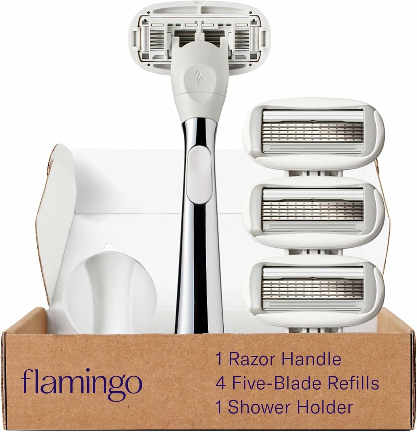 Flamingo 5-Blade Razors for Women - 1 Razor Handle + 4 5-Blade Refills + 1 Shower Holder - Chrome