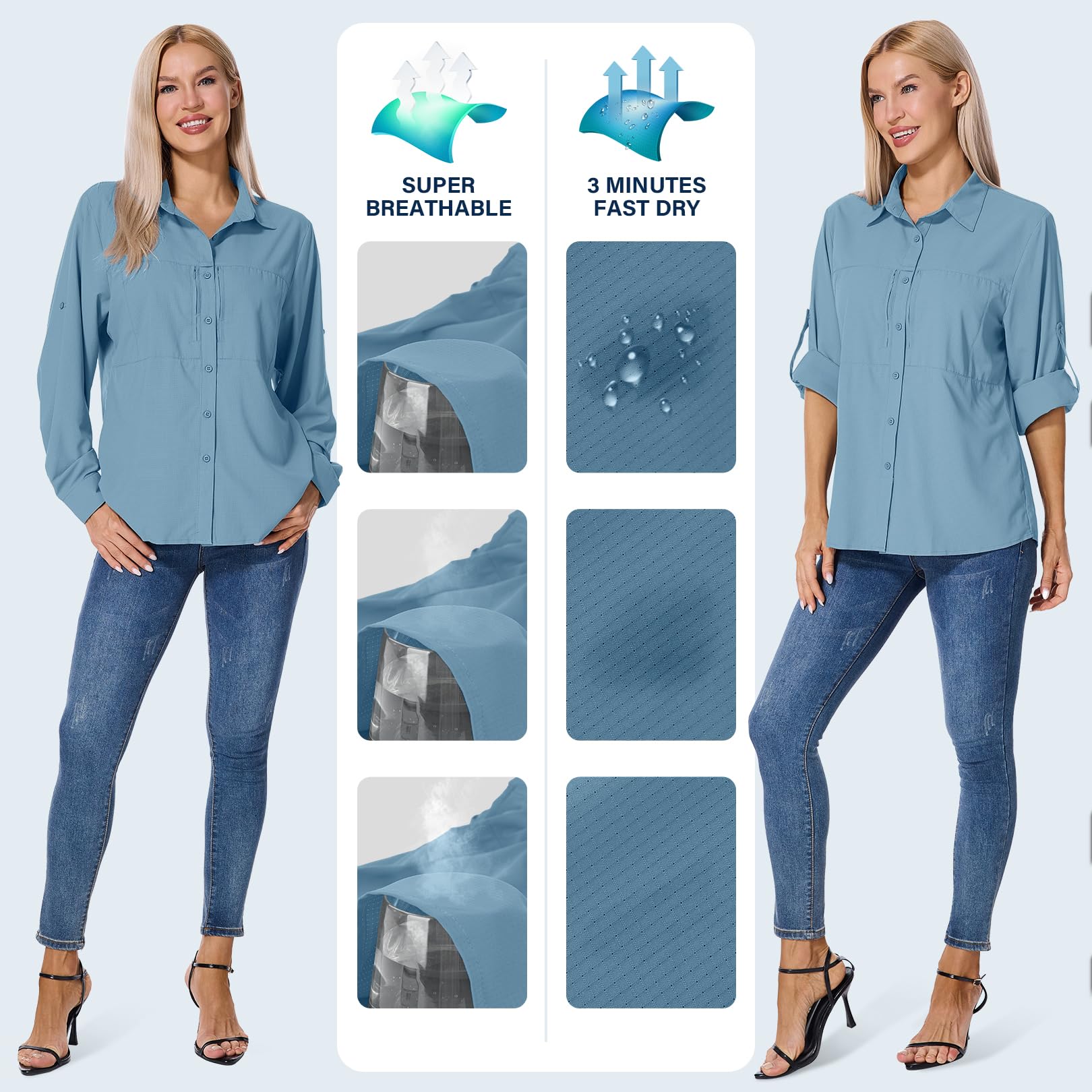 Shirts Damen UV Shirt UPF 50+ Safari Kleidung Wanderbluse Damen Hemdbluse Outdoor Atmungsaktiv Quick Dry Sonnenschutz Langarmshirt Bluse