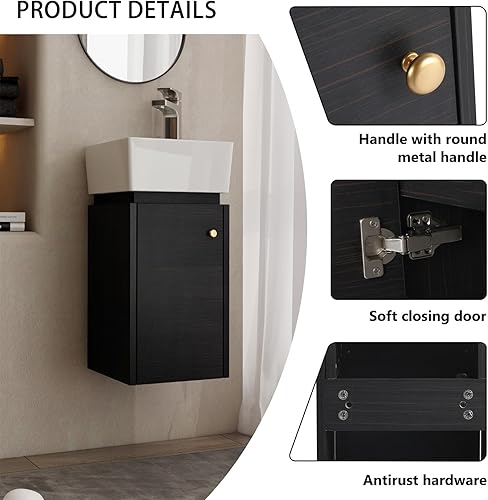 Miniatura 4 de Combo de lavabo de baño montado en la pared para espacio pequeño, moderno juego de tocador de baño con parte superior de fregadero de cerámica,