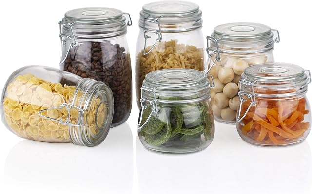 Amisglass Mason Jars Wide Mouth Canning Glass Jars Rubber Seal, with Airtight Lids, Clear Canister for Cereal, Beans, Coffee, Nuts Set of 6 (1100ML*2+1000ML*2+600ML*2) Preserve Container Jars
