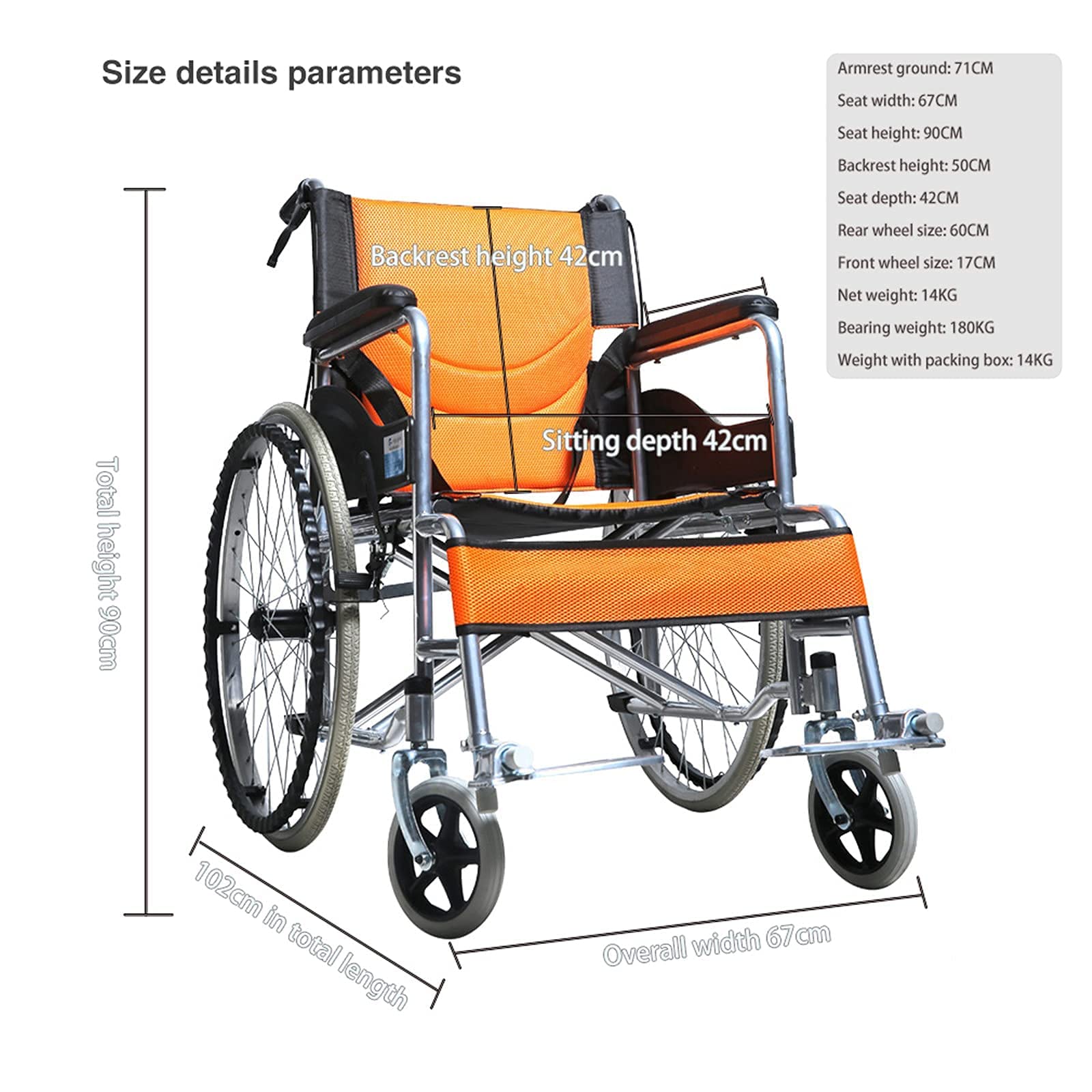 Sillas de Ruedas Silla de Ruedas Plegable, Sistema de Doble Freno Silla de Ruedas Manual de Viaje Ultraligera Plegable Portátil Seguro y Confort para Ancianos, Discapacitados,Orange
