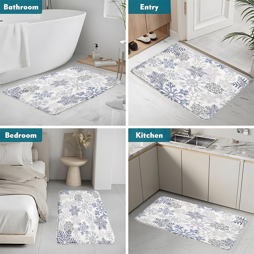 2Pcs Blue Snowflake Bath Mat Winter White Gray Snow Scene Merry Christmas Snowflakes Xmas New Year Holiday Bathroom Rug Bedroom Kitchen Toilet Floors 45X75+40X120 Inch