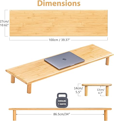 Miniatura 4 de Estante de bambú para monitor doble, soporte elevador para monitor con almacenamiento debajo para suministros de oficina de escritorio, soporta TV