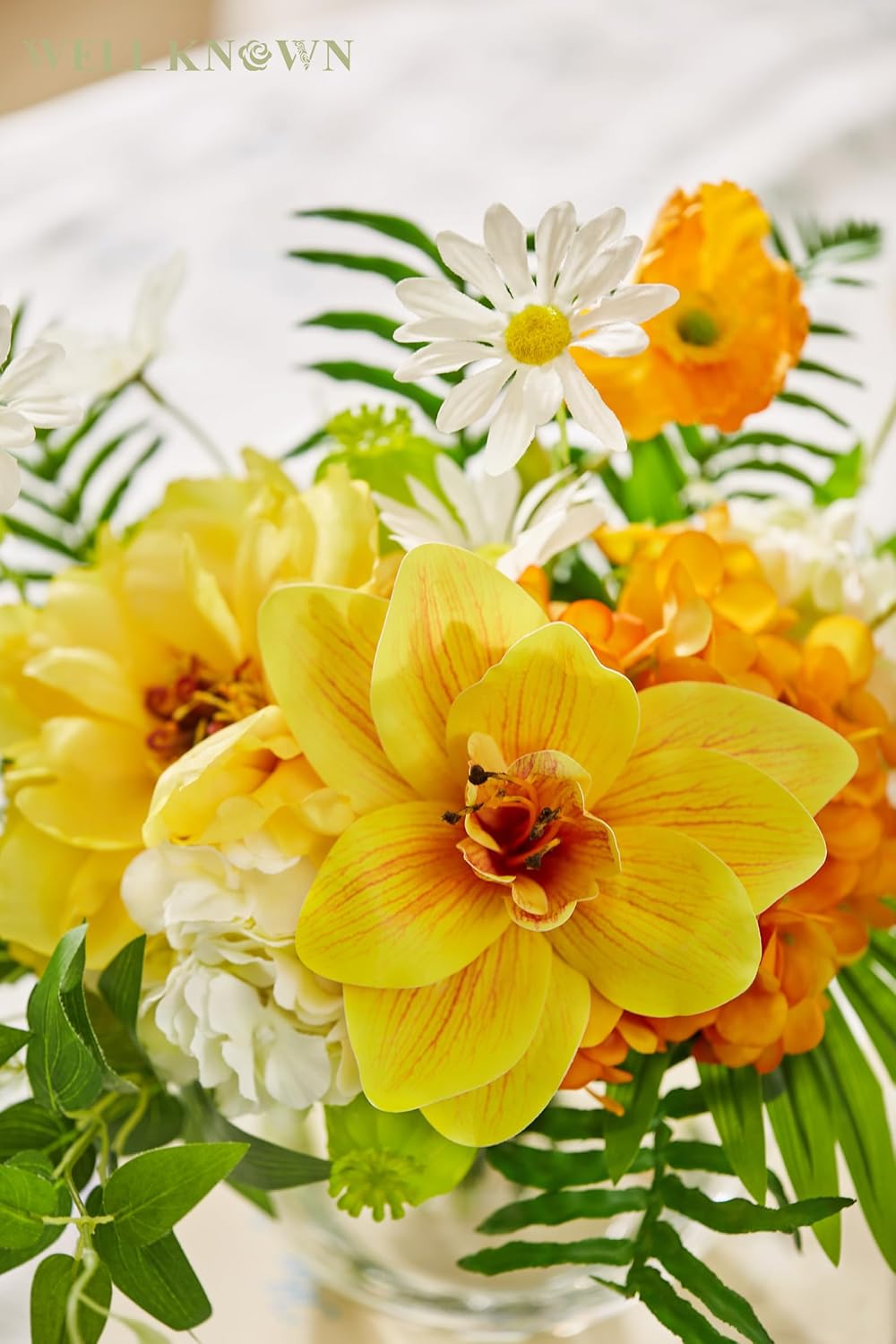 WELL KNOWN Artificial Silk Flowers in Glass Vase for Dining Table Decor, Tropical Orange Orchid Flowers Bouquet Arrangement with Faux Water for Home Office Wedding Party Dining Table Centerpieces Gift - Image 4