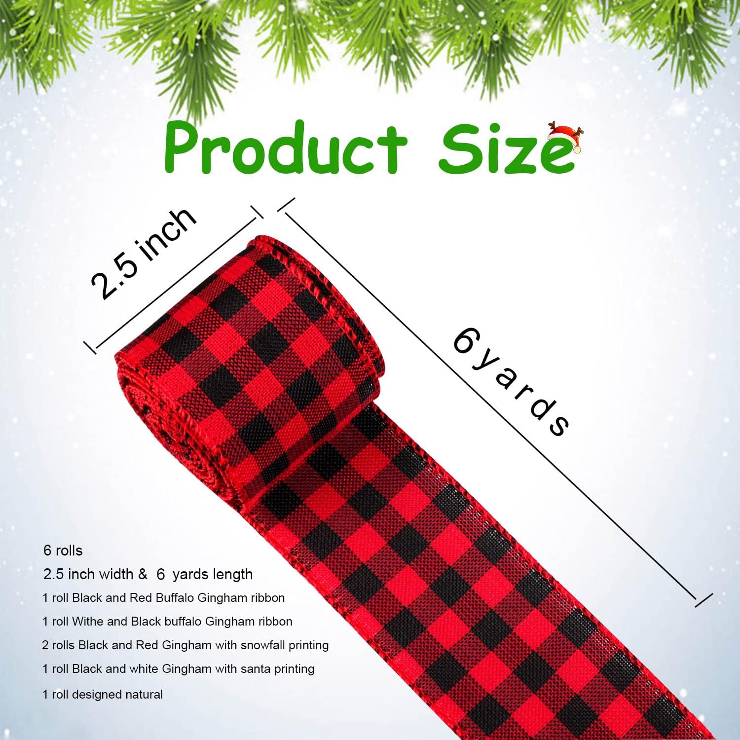 6 Rolls Christmas Wired Burlap Ribbon Red Black Plaid Ribbon 36 Yards x 2.5 Inch, Christmas Wrapping Ribbon for Gift Crafts Tree Wreaths Decor Rustic DIY Crafts Fall
