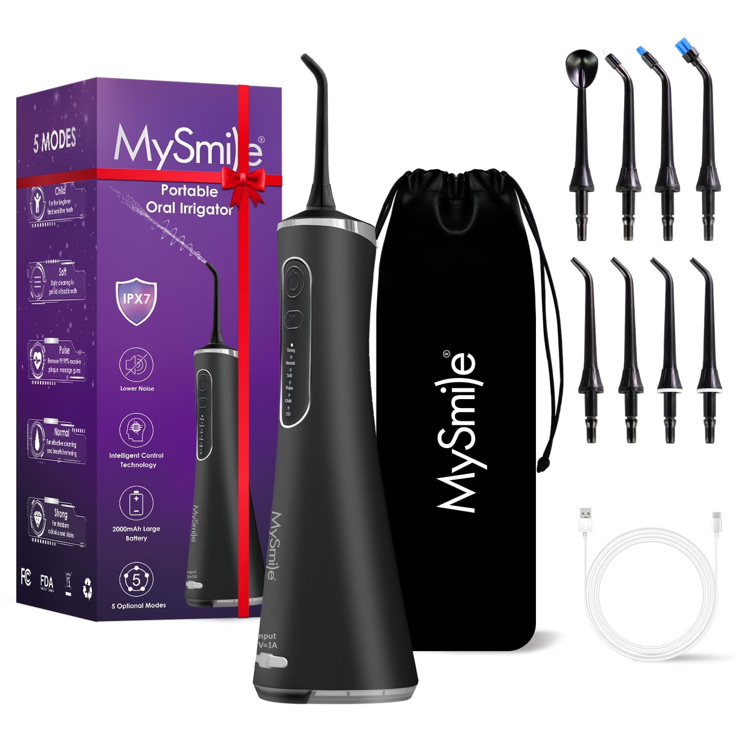 MySmile LP211 Cordless Advanced Water Flosser for Teeth 5 Cleaning Modes Rechargeable Power Dental Flosser 8 Replacement Jet Tips IPX 7 Waterproof Dental Irrigador with Travel Storage Pouch (Black)