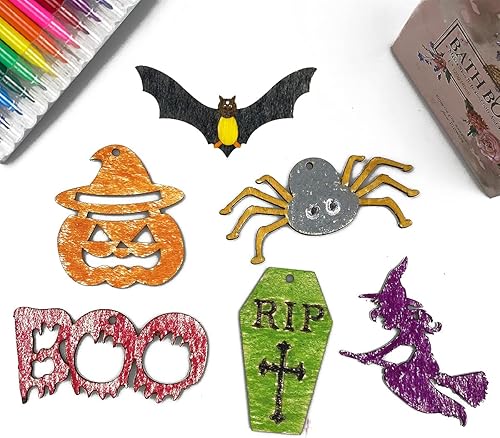 Miniatura 4 de Anditoy 60 piezas de rebanadas de madera de Halloween sin terminar colgantes adornos de madera de Halloween manualidades para niños, decoración de