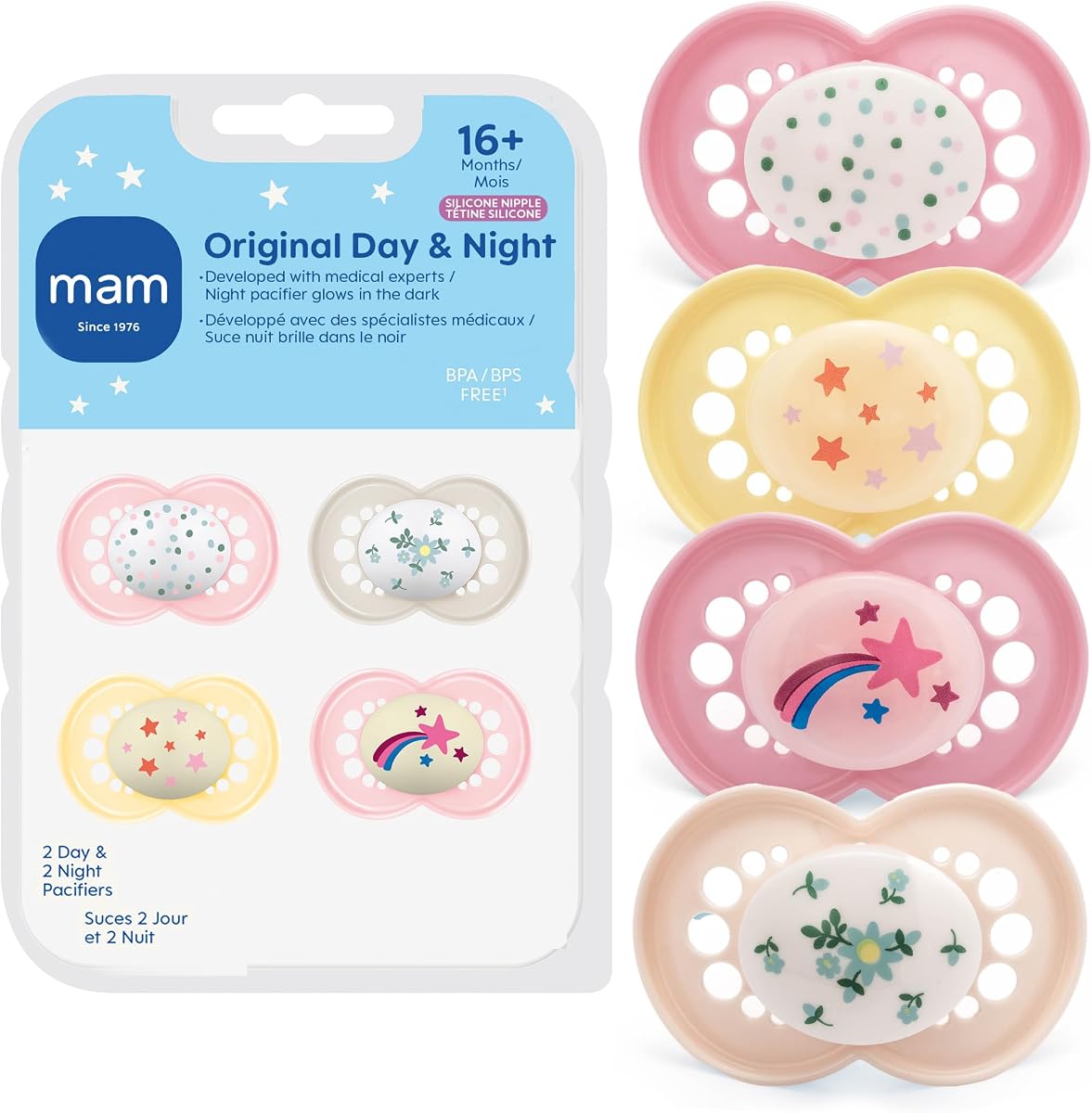 MAM Original Baby Pacifiers 16+ Months, Glows in The Dark, 4 Pack | BPA-Free Skin Soft Silicone Nipple, Developed With Medical Experts, Easy Clean, Made In Europe