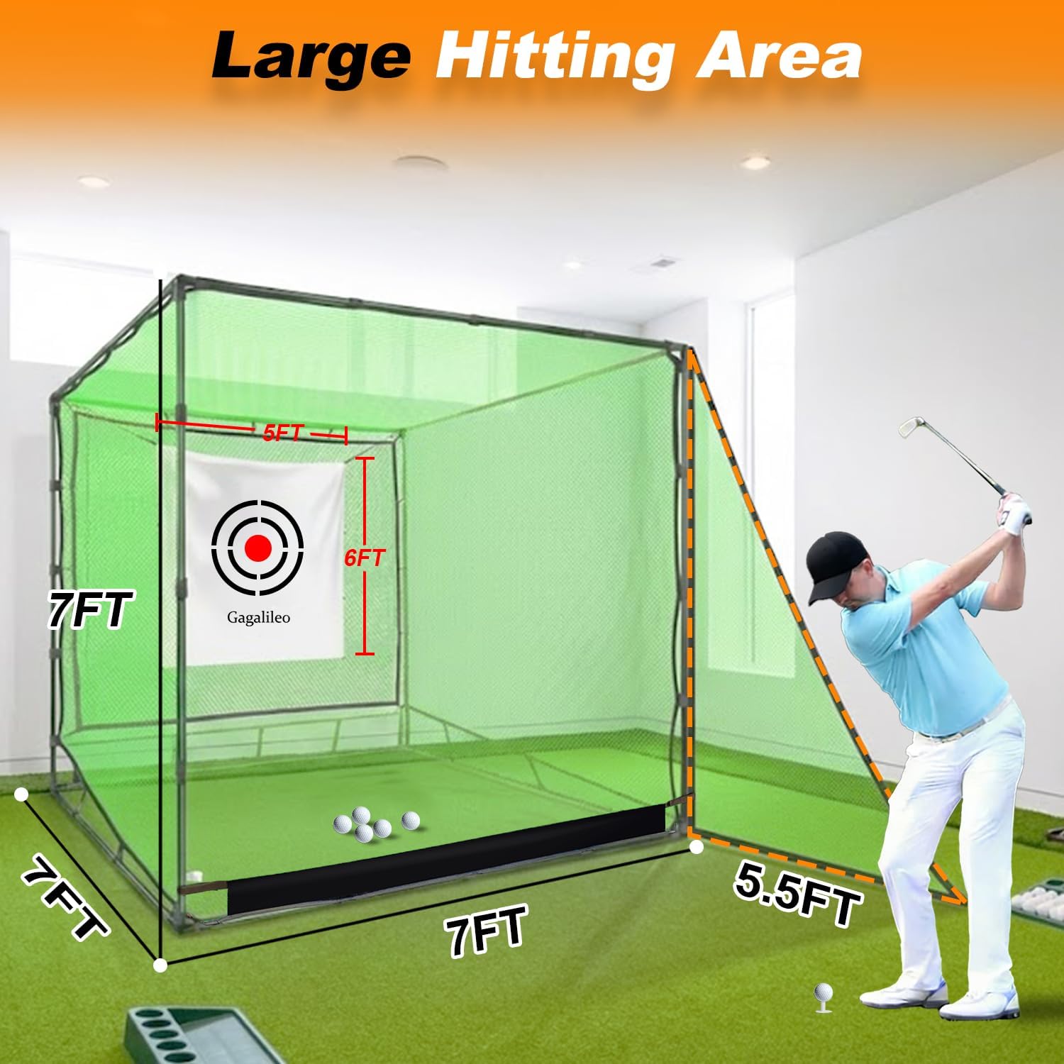 Gagalileo Golf Driving Cage Net: Heavy Duty 1 in Steel Frame - Noise Reduction Target for Backyard Garage Indoor Simulator - 7x7x7 FT High Density Hitting Swing Practice