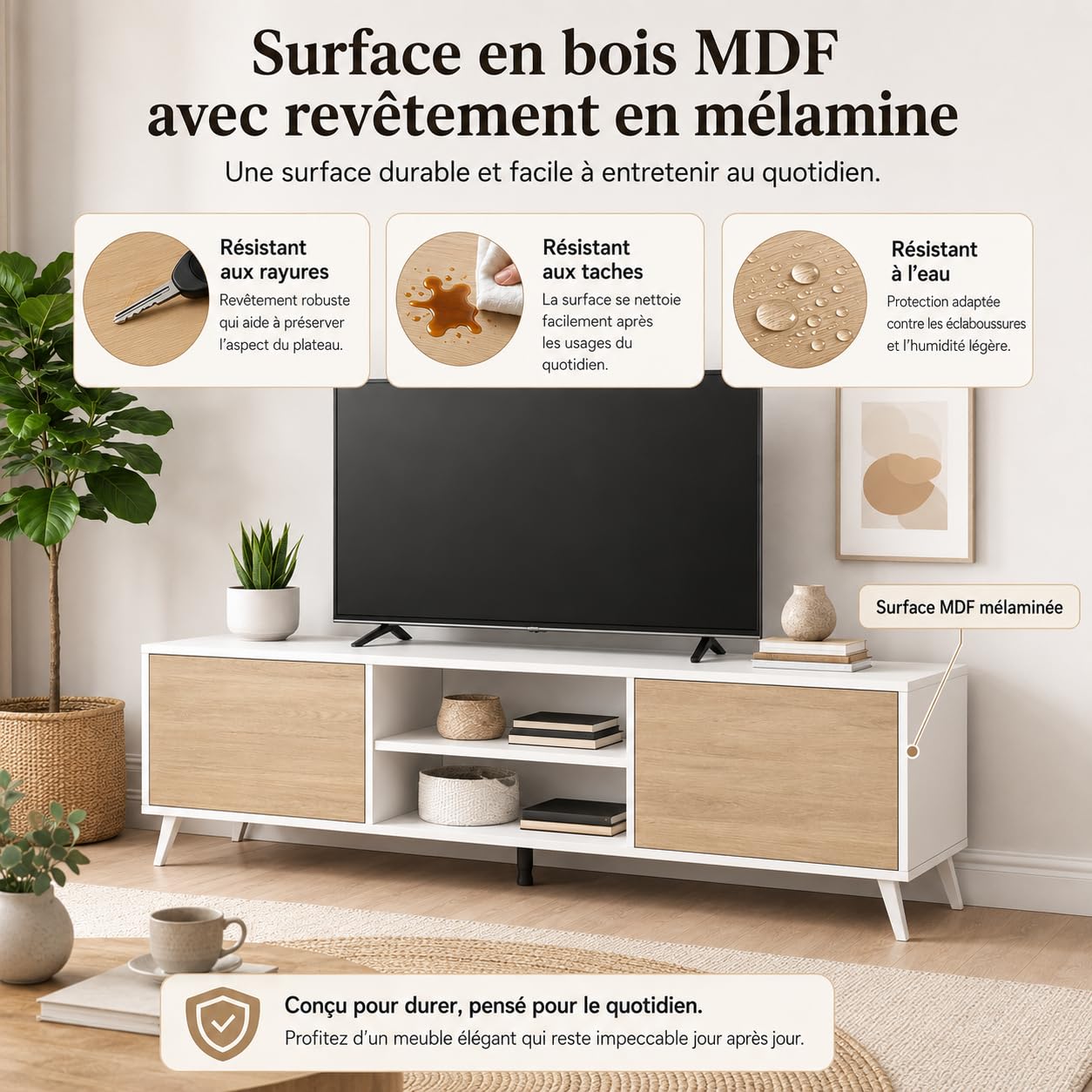 Meuble TV avec 2 Portes et 2 Compartiments pour Salon, Chambre. Dimensions : 180 x 49 x 39,6 cm (Largeur x Hauteur x Profondeur). Finitions Blanc Mat et Sable.