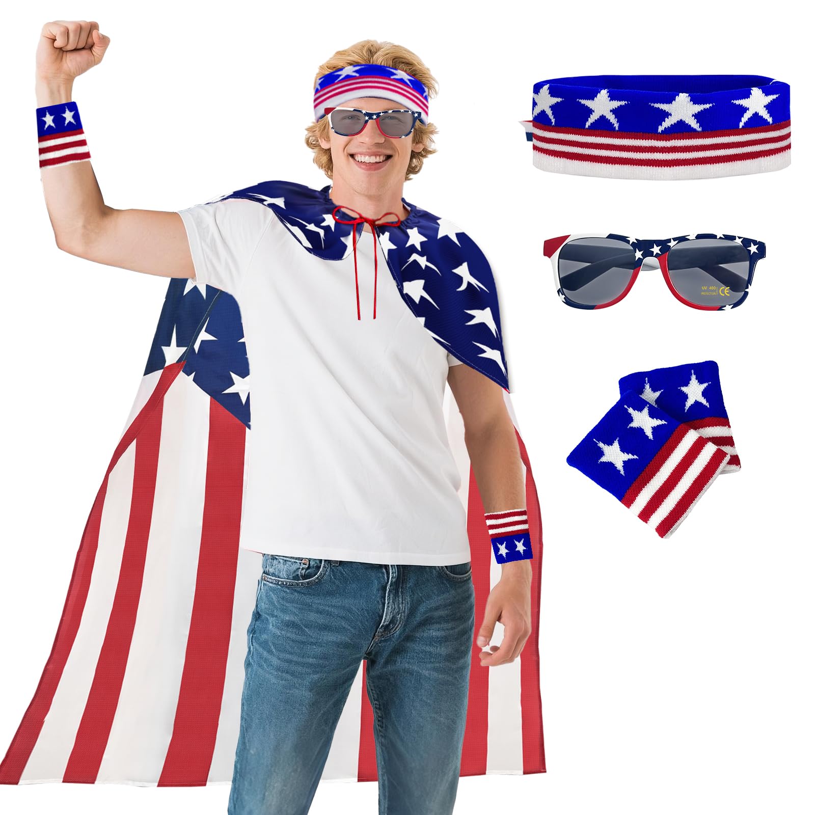 VERONLY 4th of July American Flag Cape Costume Set for Men with Patriotic Wristbands USA Sunglasses Star Headband