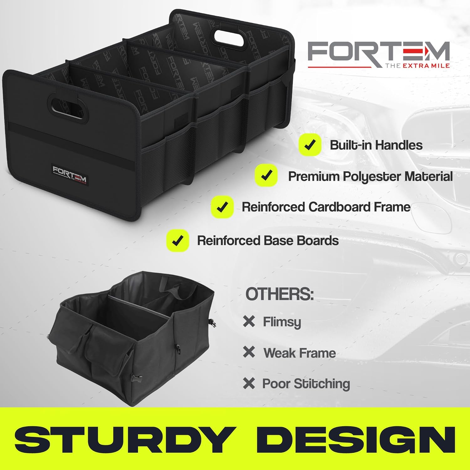 FORTEM Car Trunk Organizer, Collapsible Two Compartment Organizer, Foldable SUV & Truck Storage for Car Accessories for Women Men, Non Slip Bottom, Sturdy Side Walls, Strong Handles, 75L