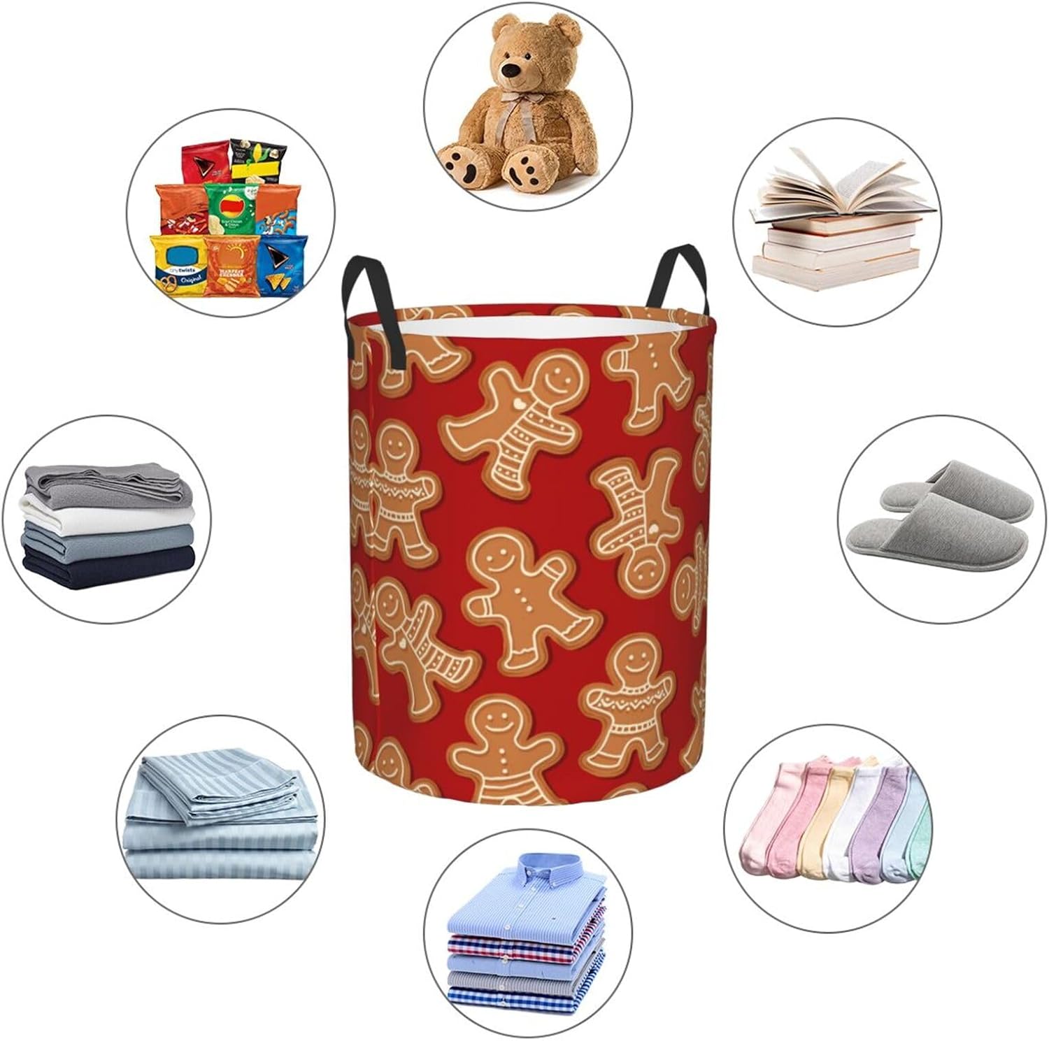 Gingerbread Men Red Christmas Laundry Hamper with Durable Handle Waterproof Collapsible Laundry Basket Round Dirty Clothes Storage Basket for Family Bathroom Bedroom Dorm