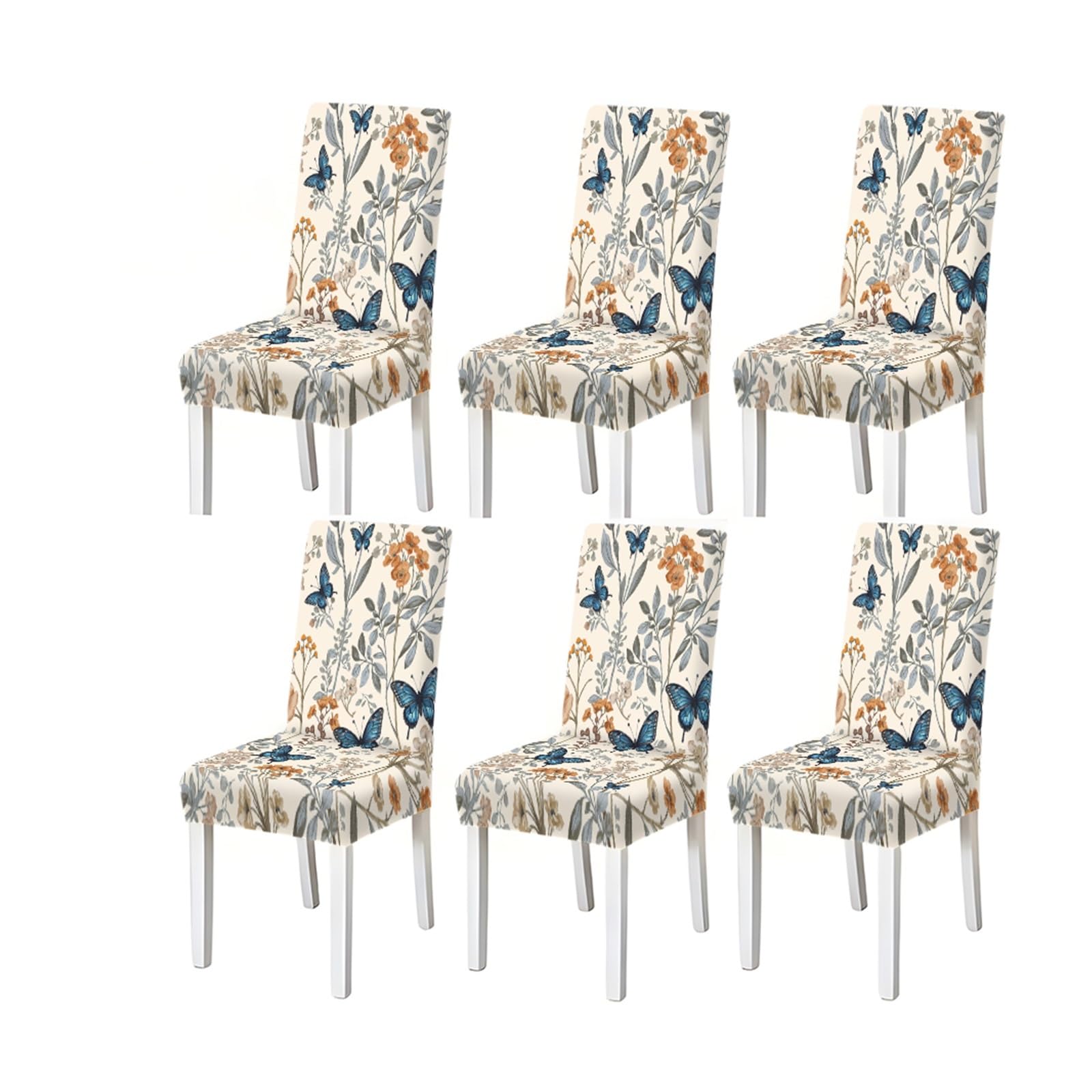 BOSUYBN Vintage Blue Butterfly Wildflower Pattern Print Dining Chair Covers Set Of 2/4/6, Cottage Stretch Slipcovers For Kitchen Dining Room Furniture Protectors for Home Dining Room(6PCSChair cover)