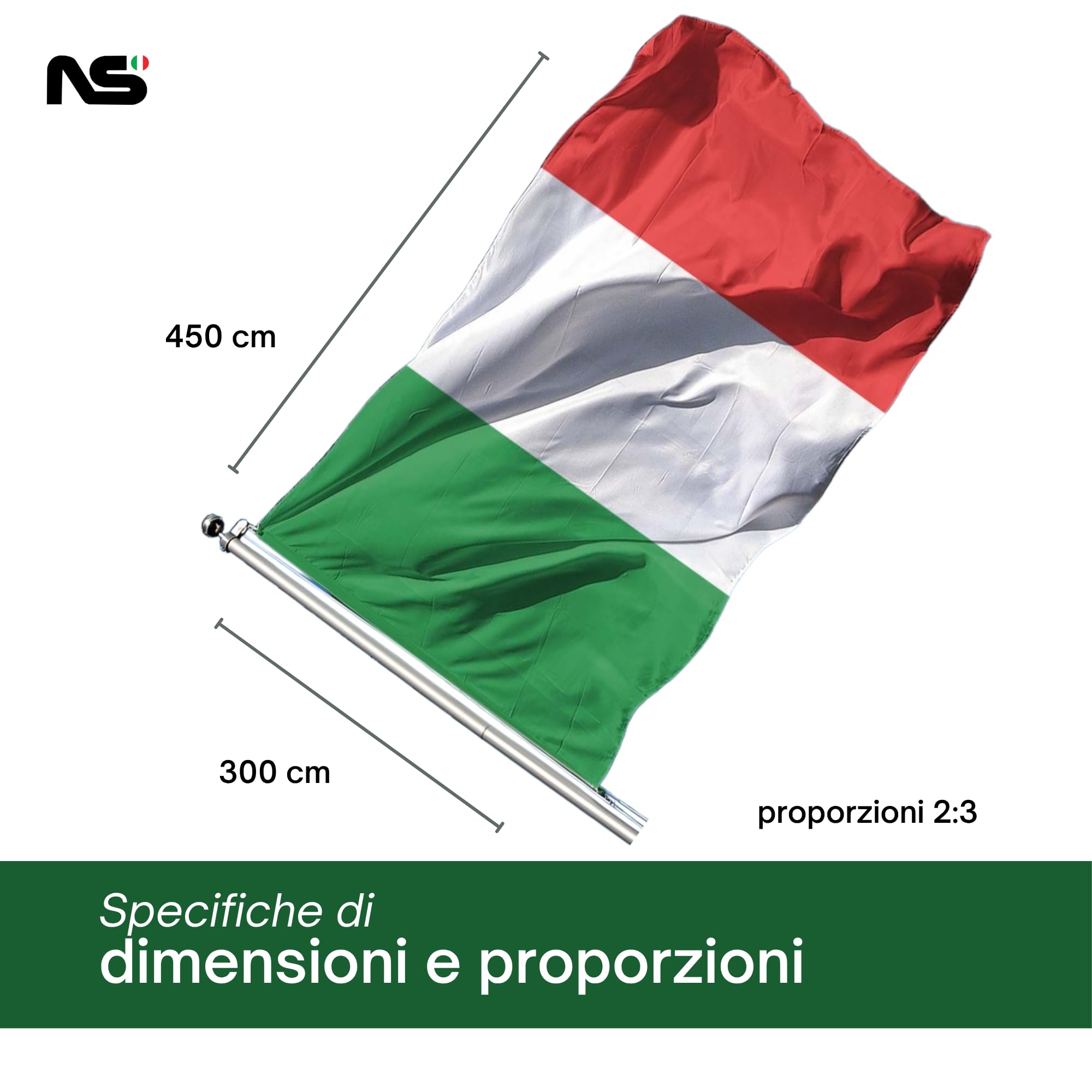 NS BANDIERE | Bandiera Italia Grande cm 300x450 in Tessuto Pesante Stamina Nautica 220gr Antivento Resistente con Corda Laterale e Gancio di Rinforzo