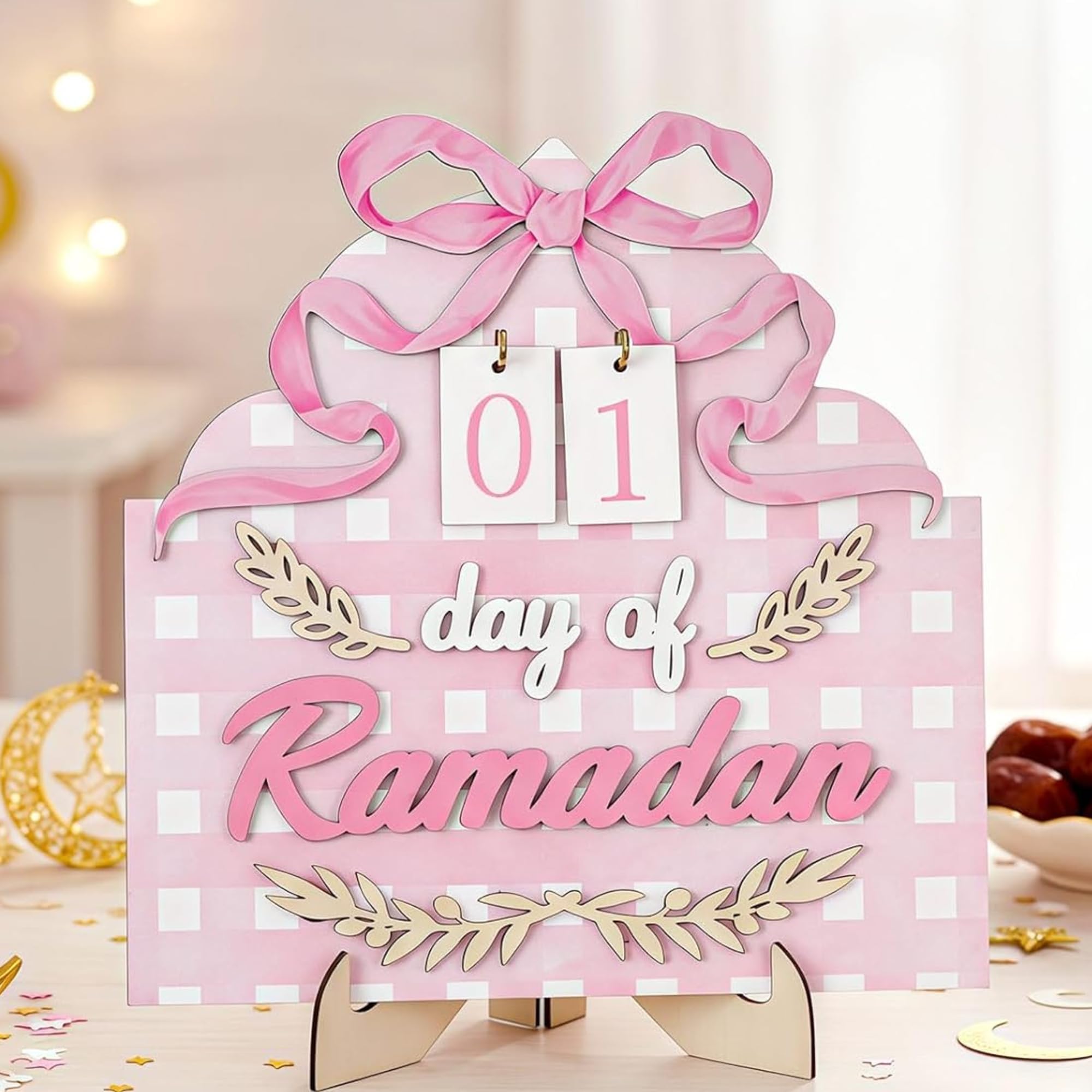 Dunzoom Pink Bow Ramadan Countdown Calendar Eid Mubarak Wooden Table Decorations for Home Pink Bow Islamic Gifts Ramadan Countdown Muslim Calendar with Holder Eid Table Decorations Tabletop Display