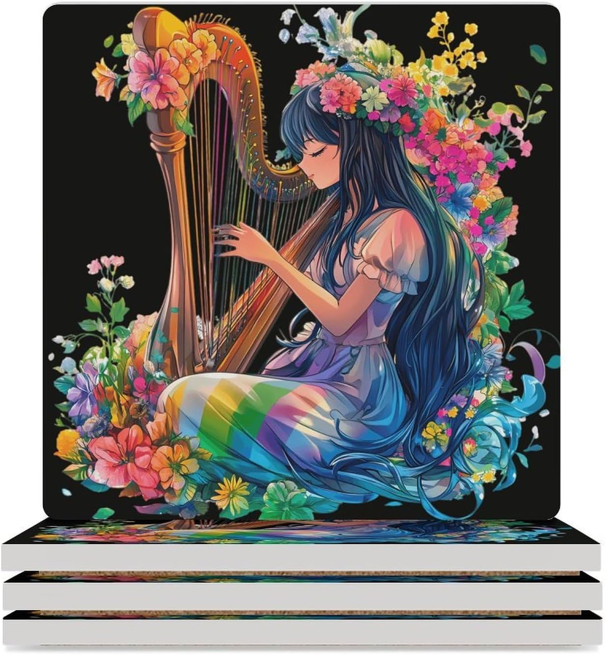 Rainbow Playing Harp Gay Ceramic Coasters Square Drinks Coaster Coffee Table Decor Table Coaster for Home Bar