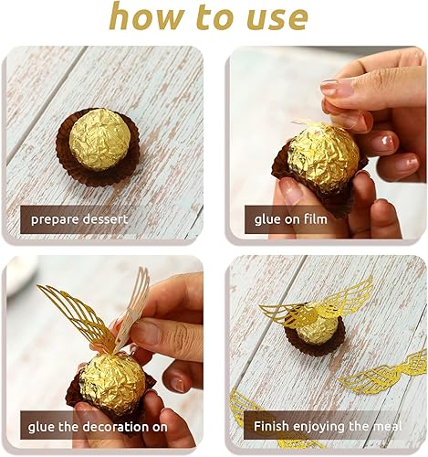 Miniatura 3 de 50 piezas de decoración de chocolate para fiesta de mago, alas doradas de Snitch decoración de chocolate, alas de snitch con 50 puntos de pegamento,