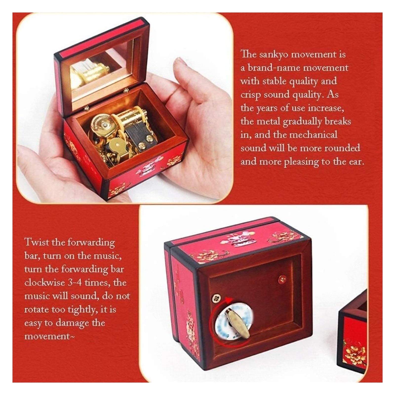 Caja de música Caja de música Caja de música de Boda Caja de música de cumpleaños Caja de música Creativa Roja de Estilo Chino Regalo con patrón en Relieve clásico