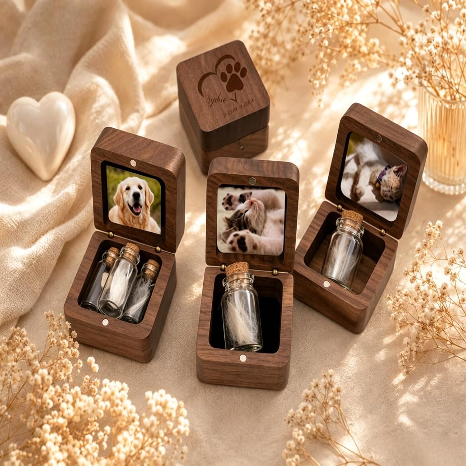 Personalized Pet Fur Keepsake Box with 1/2/3 Bottle,Custom Wooden Memorial Box with Photo&Text for Fur Hair Whiskers Urns,Pet Memorial Gift for Loss of Dog or Cat,Pets Sympathy Gift (Walnut,1/ Bottle) image 2