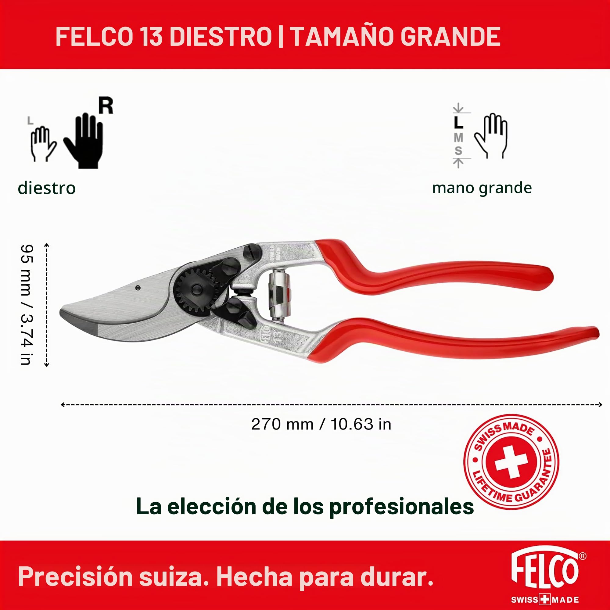 FELCO 13 tijeras de podar para diestros con manos grandes, corte 30 mm | Mango alargado para el agarre a dos manos y más fuerza en ramas gruesas. Aluminio forjado. Swiss Made.