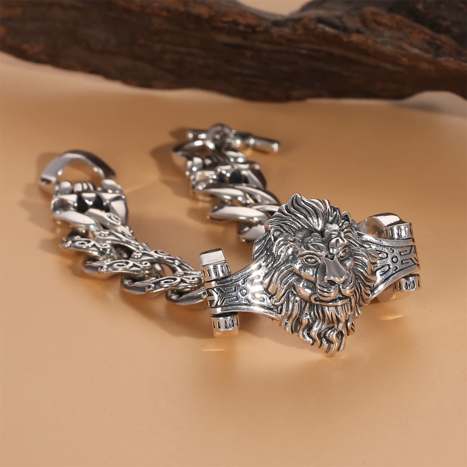 S925 Sterling Silver Men's Lion Head Bracelet, Viking Retro