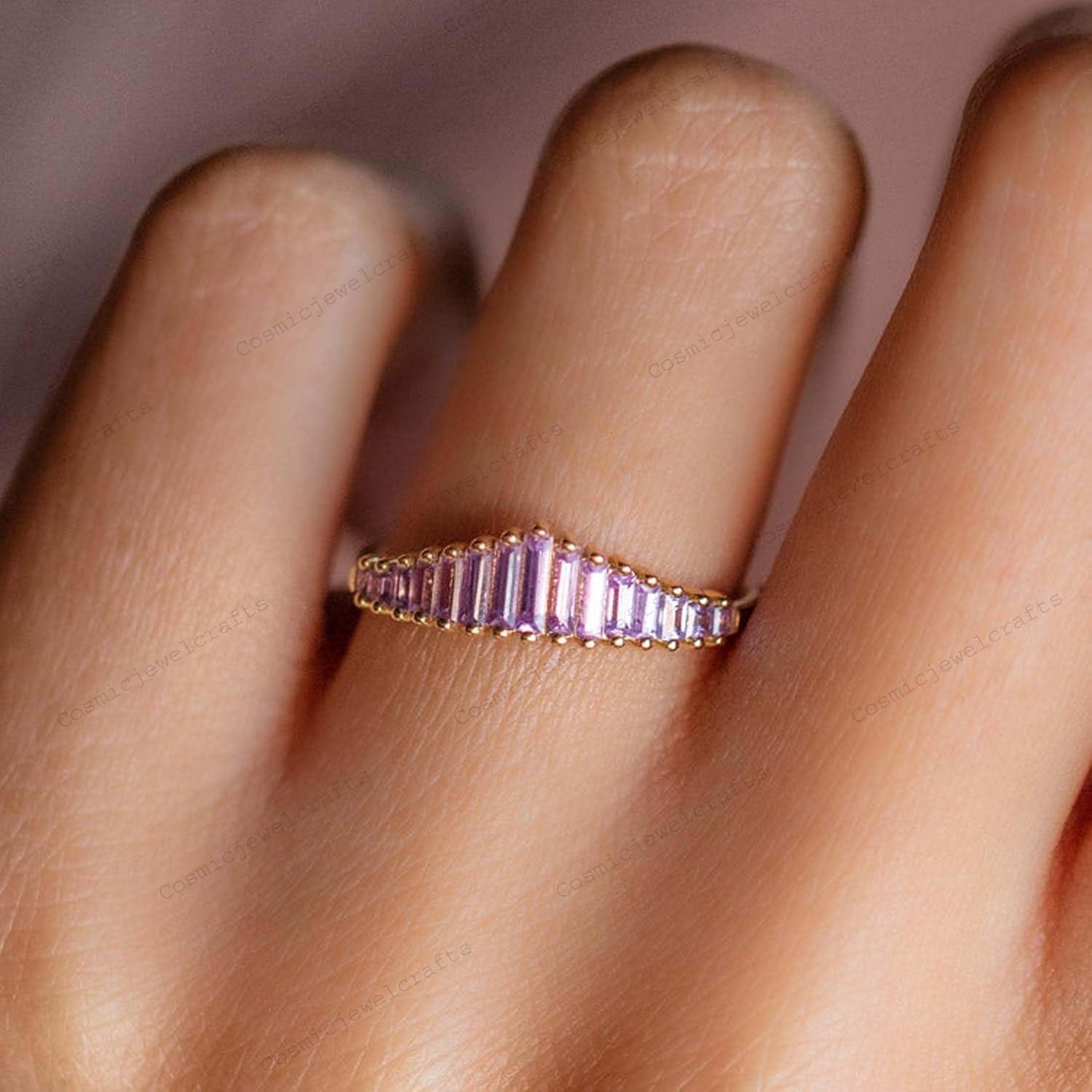 Baguette Cut Pink Amethyst Ring 14K Yellow Gold February Birthstone Engagement Ring Statement Personalized Jewelry Birthday Gift for Women