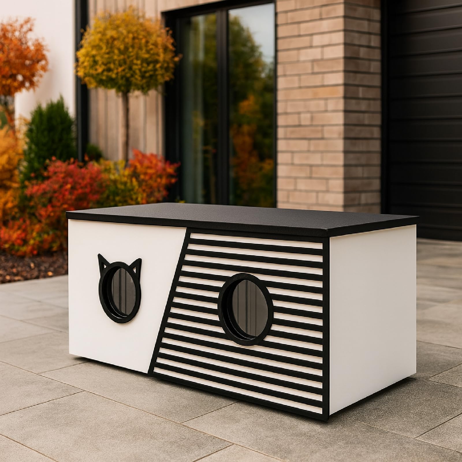 QLS Casetta per gatti XXL, 85 x 45 x 37,5 cm, resistente alle intemperie e isolata con tenda protettiva, tetto apribile e fondo OSB, per fino a 4 gatti all'aperto (bianco)