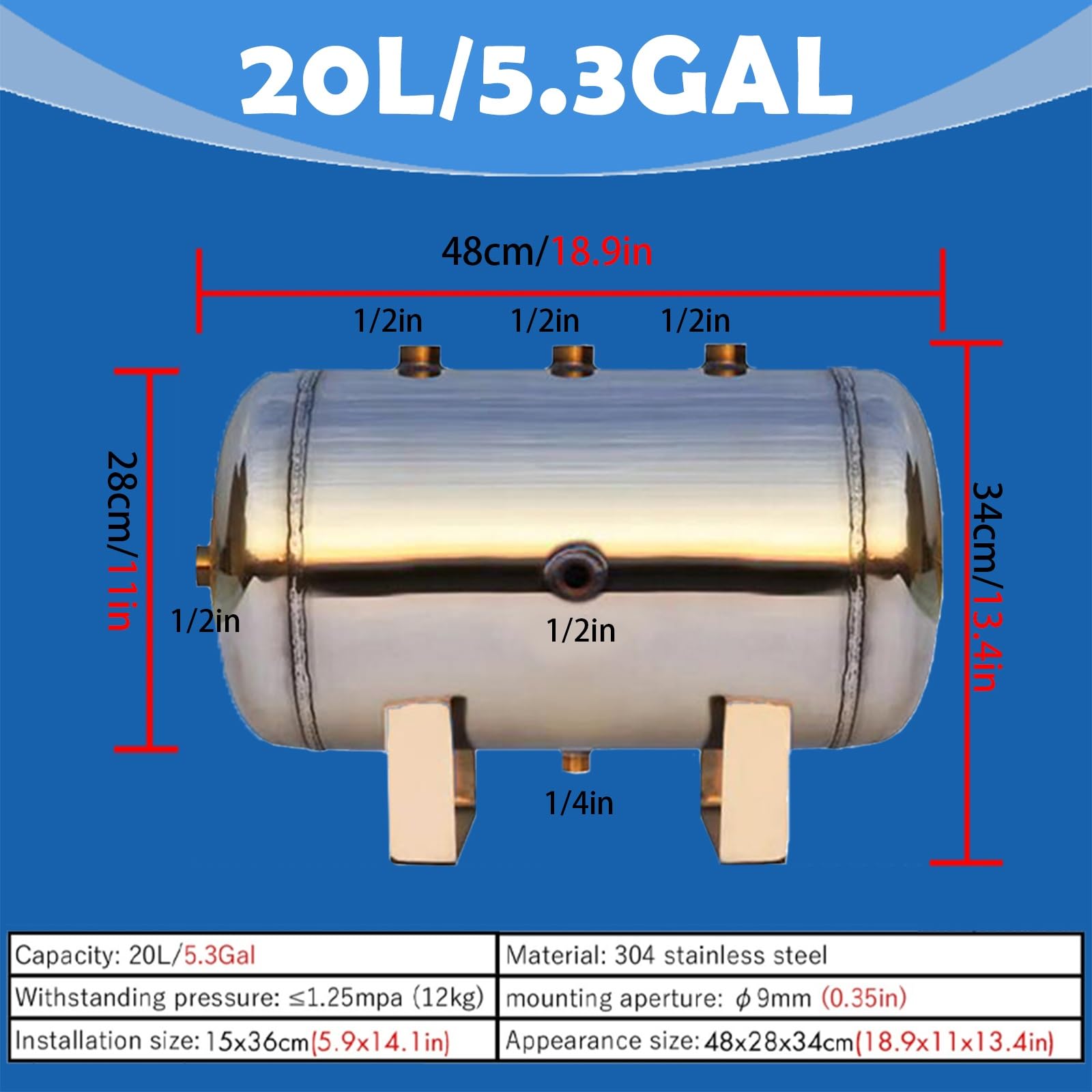 Serbatoio Aria Serbatoio Ad Alta Pressione Sigillato Da 5L/ 10L/ 20L/ 30L/ 40L/ 50L, Serbatoi D'aria Di Grande Capacità Con Manometro,(20L/5.3Gal/48x28x34cm)