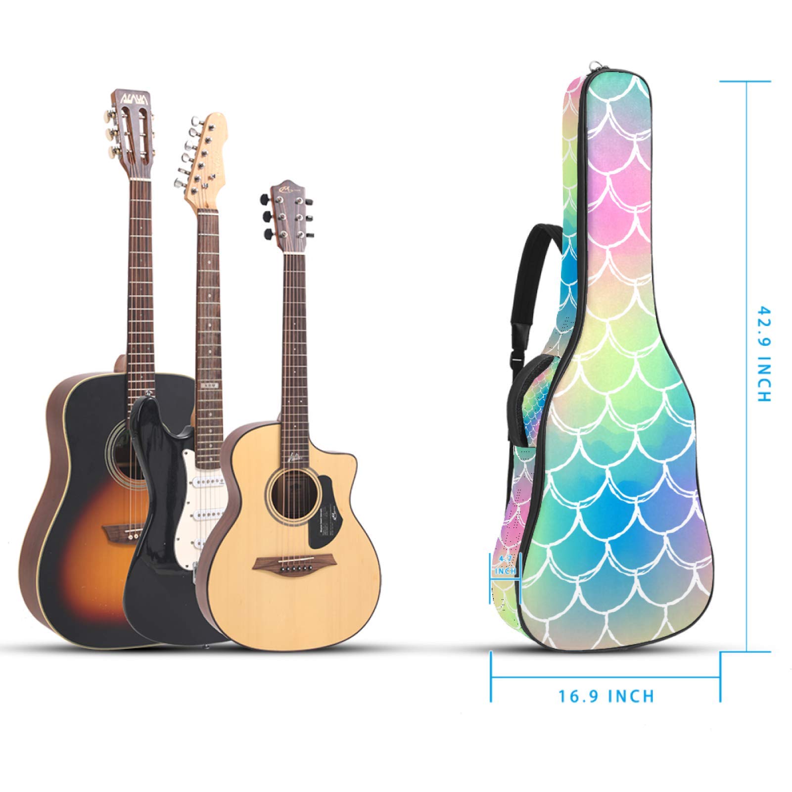 Gitarren-Gigbag, wasserdicht, Reißverschluss, weich, für Bassgitarre, Akustik- und klassische Folk-Gitarre, Meerjungfrauen-Schuppen-Muster, bunt