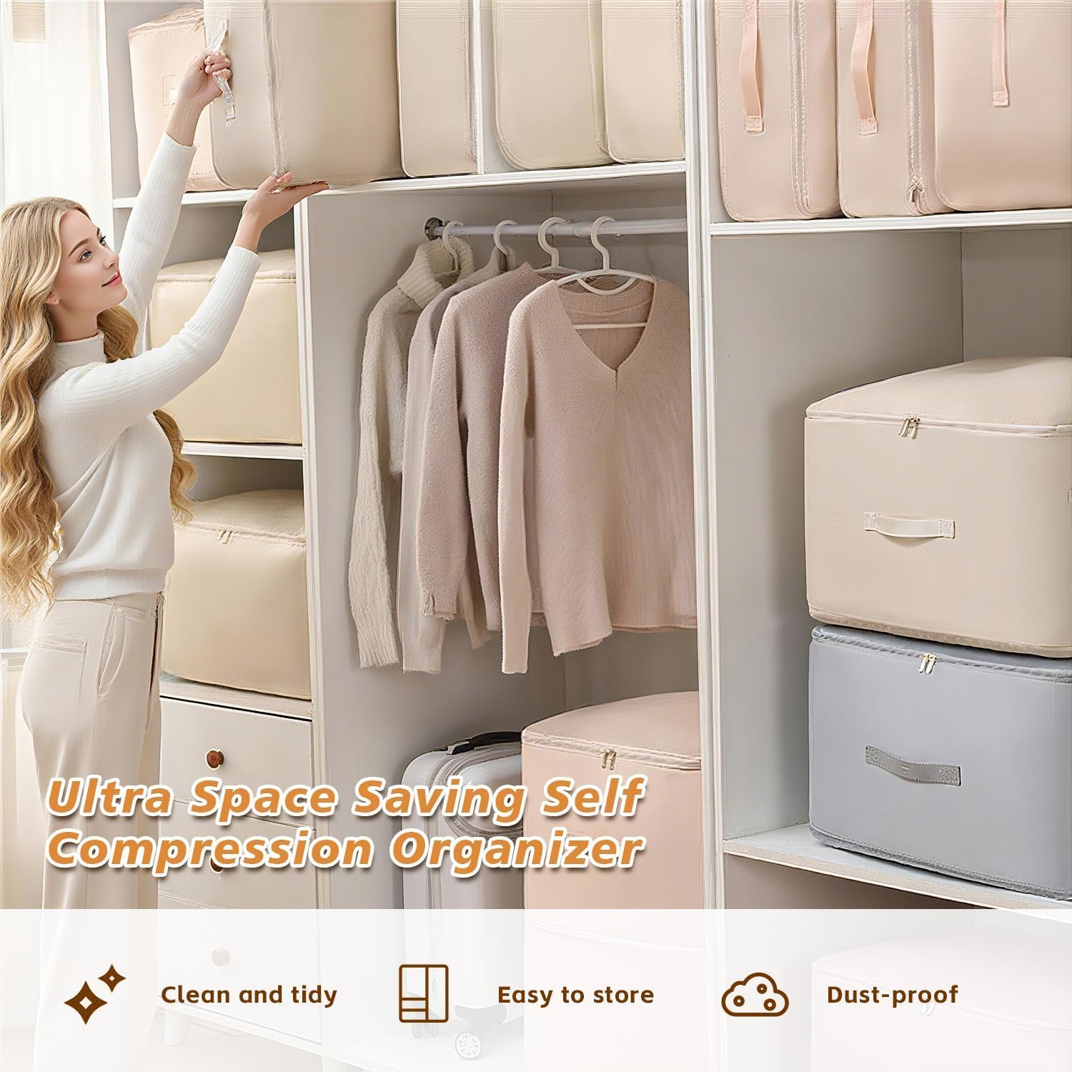 135L Large Capacity Ultra Space-Saving Self Compression Storage Bags, 3-Layer Compressible, 40% Space Saving, Closet Organizers and Storage Bags for Comforter, Blanket, Duvet, Down Jacket, 2 Pack - Image 2