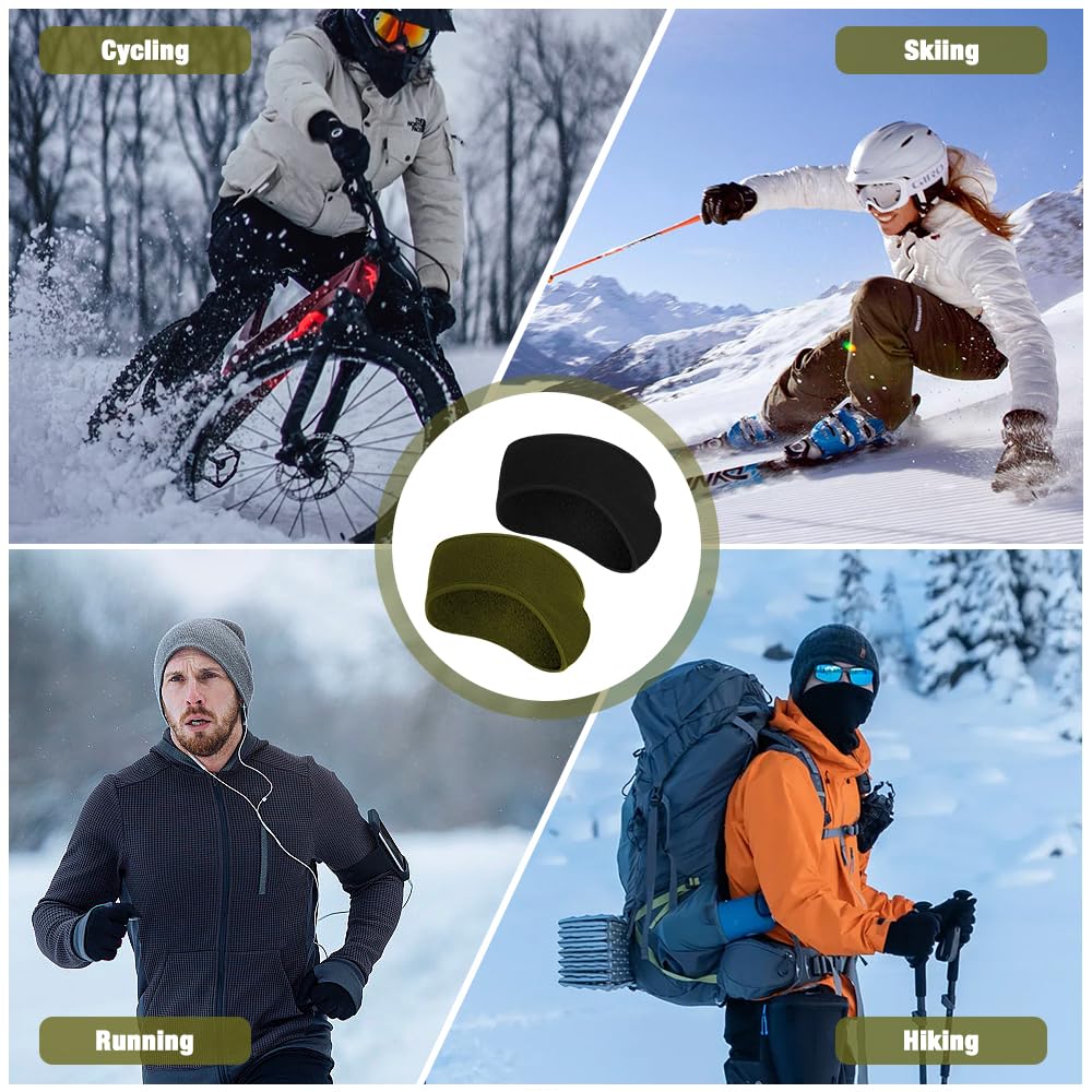 Komake Ear Warmers, 2 Pack Earmuffs Fleece Earmuffs Running Winter Ear Covers Moisture Wicking Sweatband Ski Sport Headband for Men & Women (Black+Army Green) 1