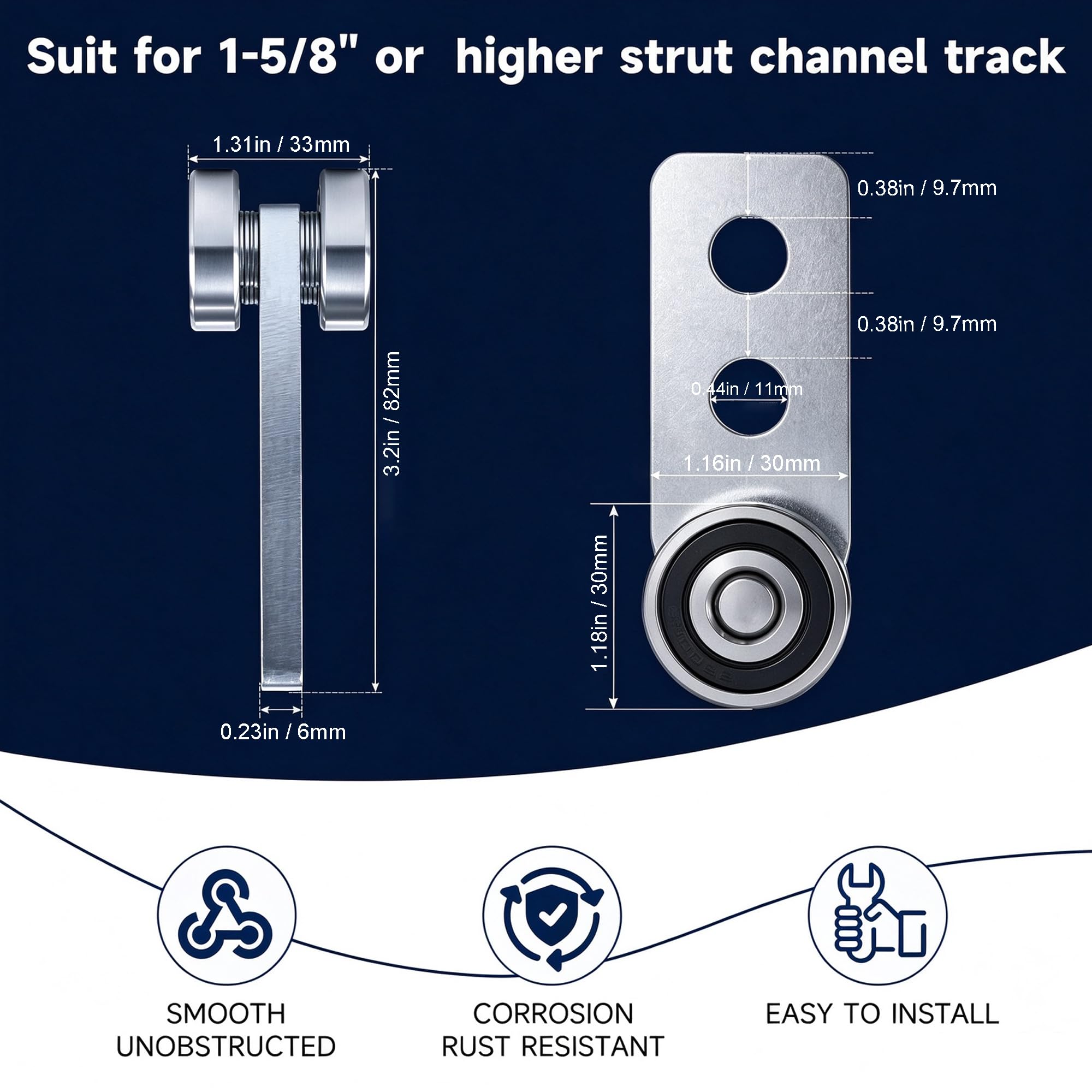 2-Wheel Trolley Assembly Rollers,Upgraded Dual Bearing & Rustproof Metal Plate,Strut Channel Rollers Trolley for use with 1-5/8" Wide and All 1-5/8" or Taller Strut Channel(10pcs) — Amazon image 6