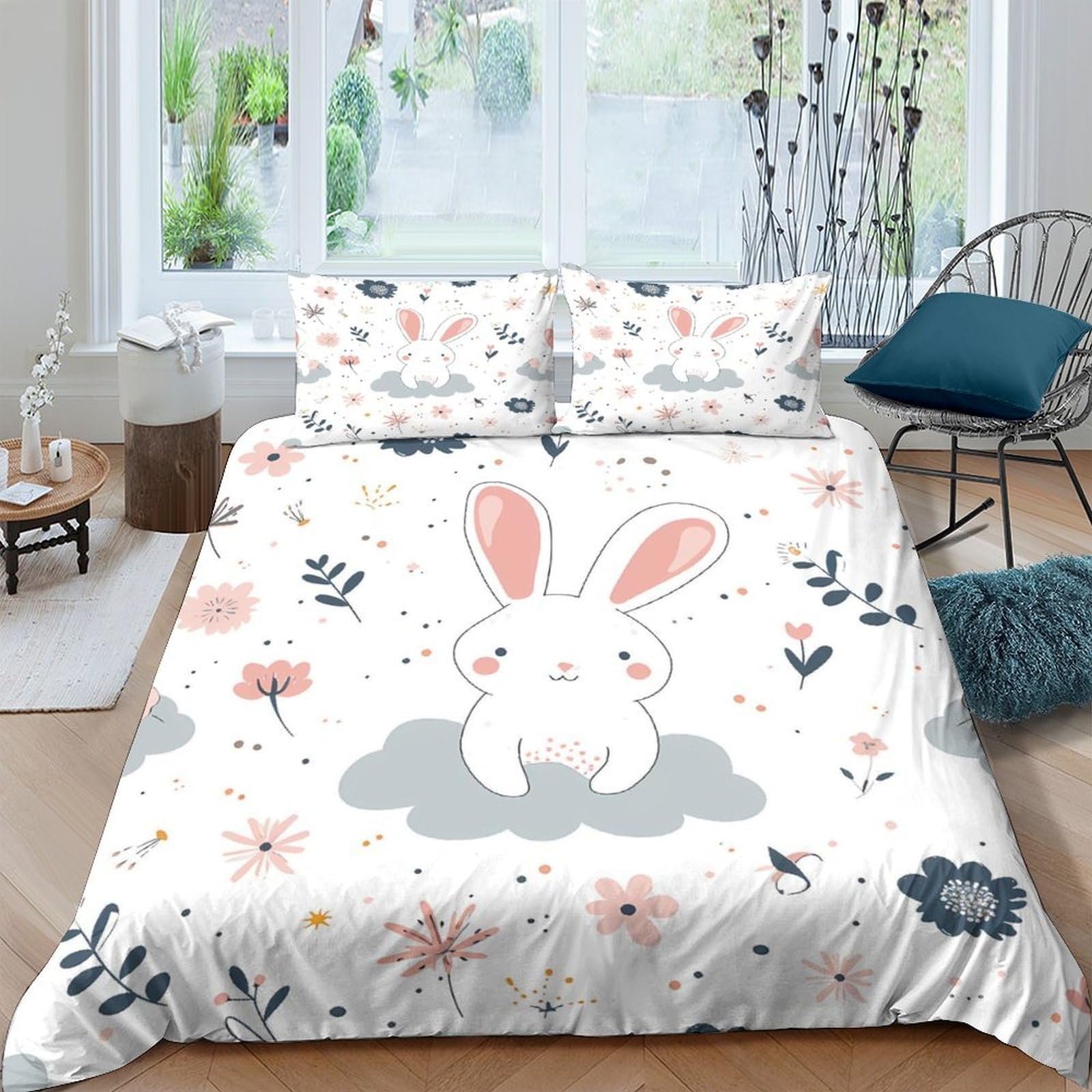 Ctjqhvkz Style-2 3D Printed Cute Bunny Fitted Sheet Microfiber Soft Pastel Floral Mattress Cover For Bedroom Dorm Decoration Single（135X200cm）