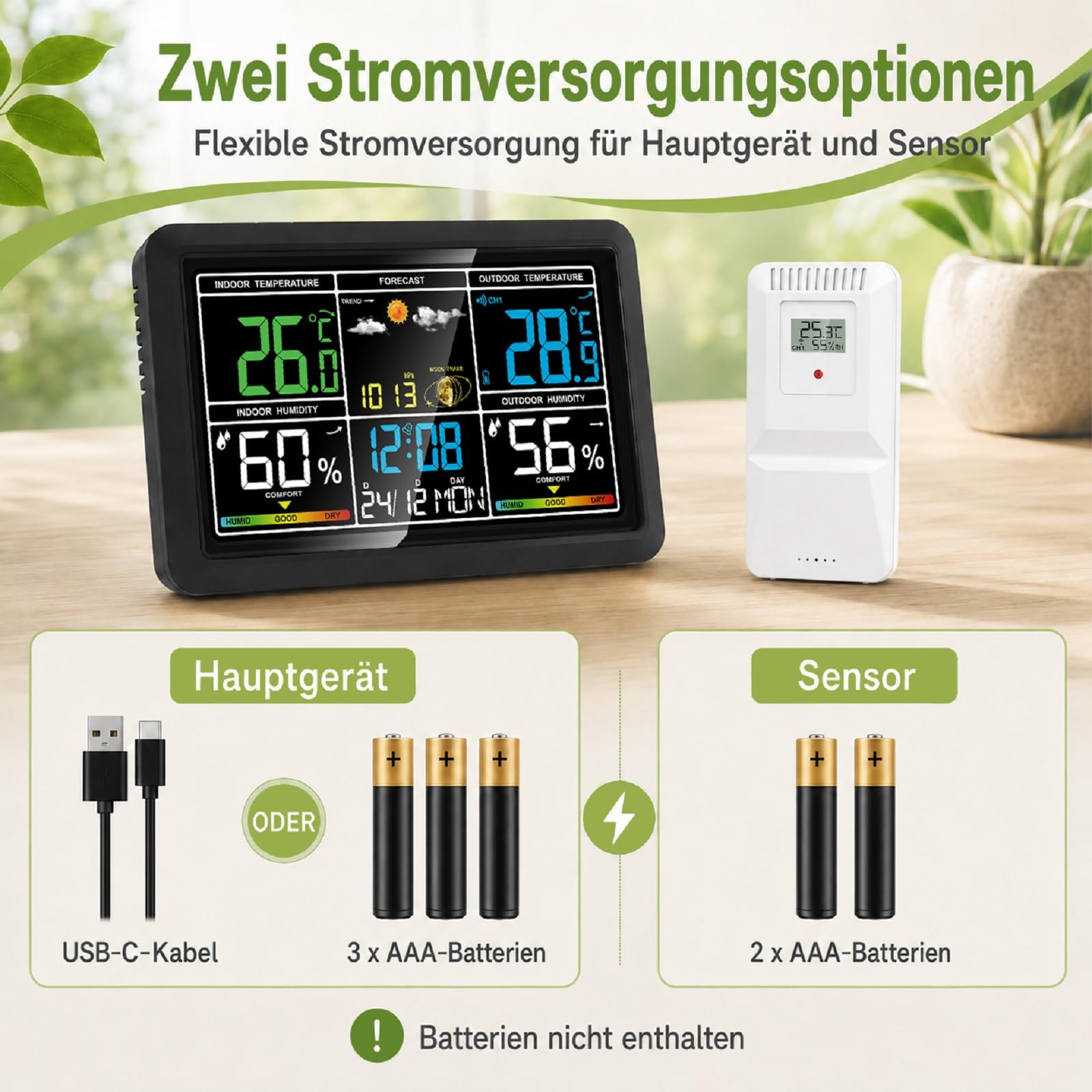 Wetterstation Funk mit Außensensor, Innen- und Außentemperatur, Luftfeuchtigkeit, Wettervorhersage, Luftdruck, Mondphase, Wecker mit Schlummerfunktion, für Wohnzimmer, Schlafzimmer und Garten.
