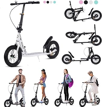 Adult Kick Scooter 330 Lbs, Folding Commuter Scooter for Adults & Teens, 290mm Big Wheel, Adjustable Heigh, Rear Holding Brake, Lightweight Sports Scooter for Indoor and Outdoor,White